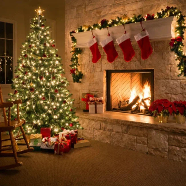 Verlichte kerstboom naast een open haard versierd met kerstsokken en slingers.