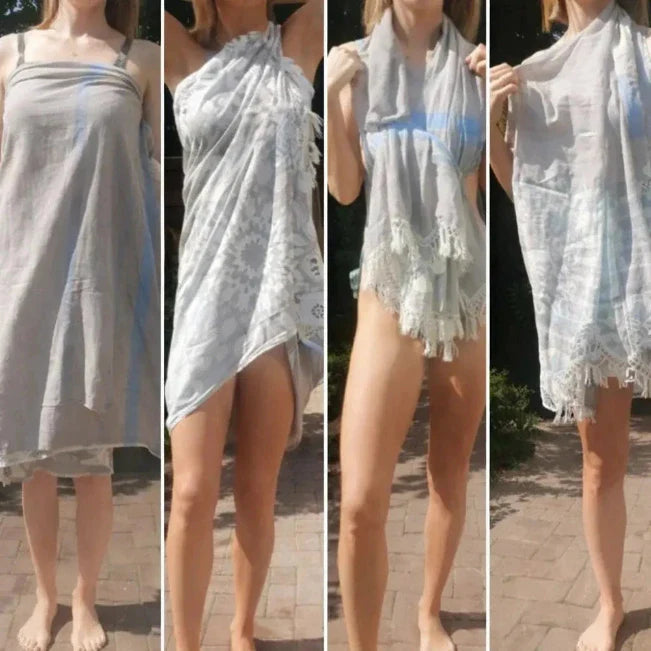 Vier beelden van een lichte handdoek met franjes, op verschillende manieren omgeslagen.
