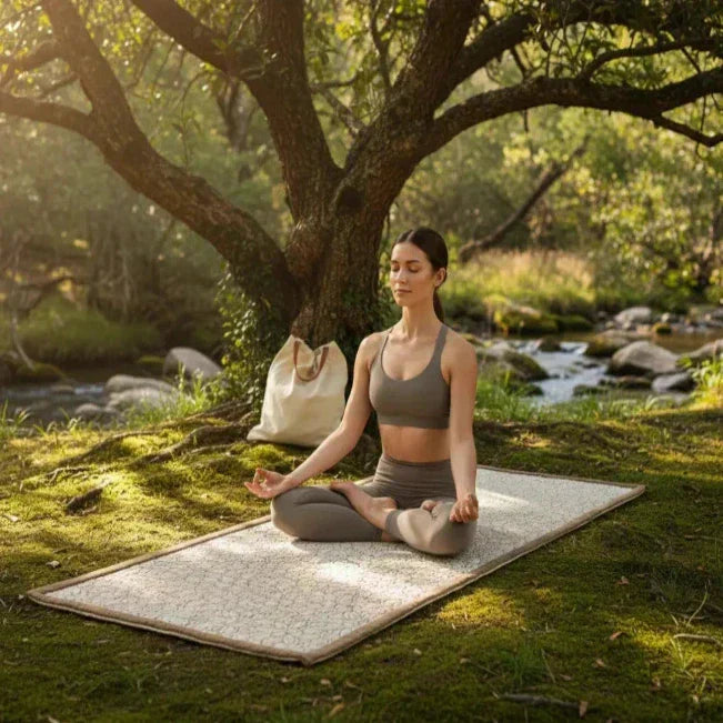 Sustainable washable cotton yoga mat used for outdoor meditation in nature