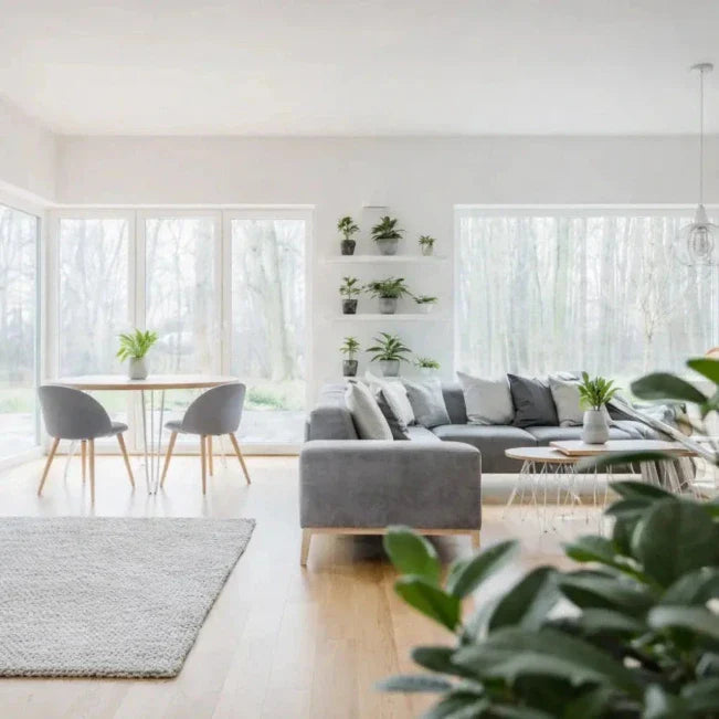 Lichte woonkamer met een grijze bank, eettafel, grote ramen en groene planten.