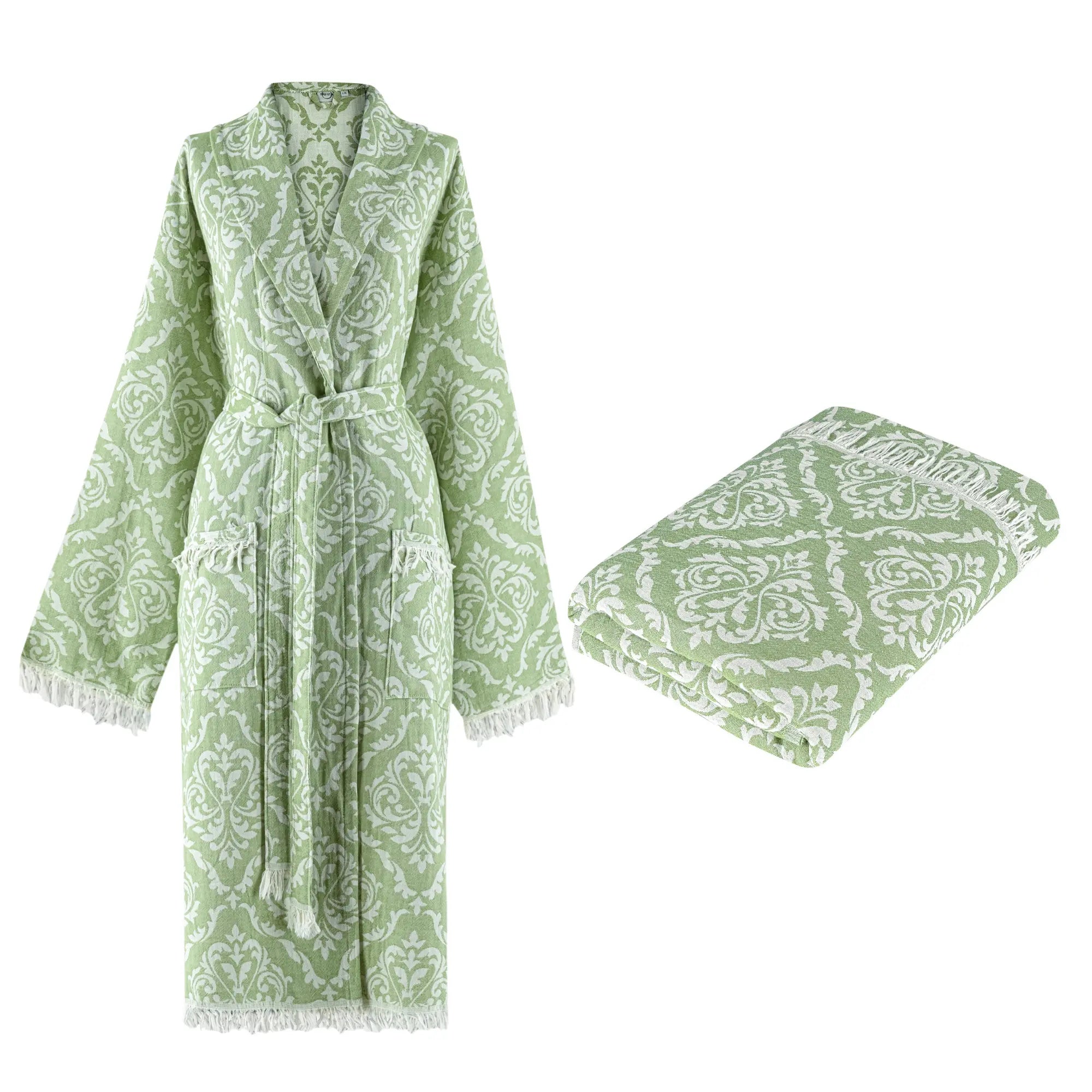 Sage green luxury cotton bathrobe featuring classic baroque motifs and handmade fringes.