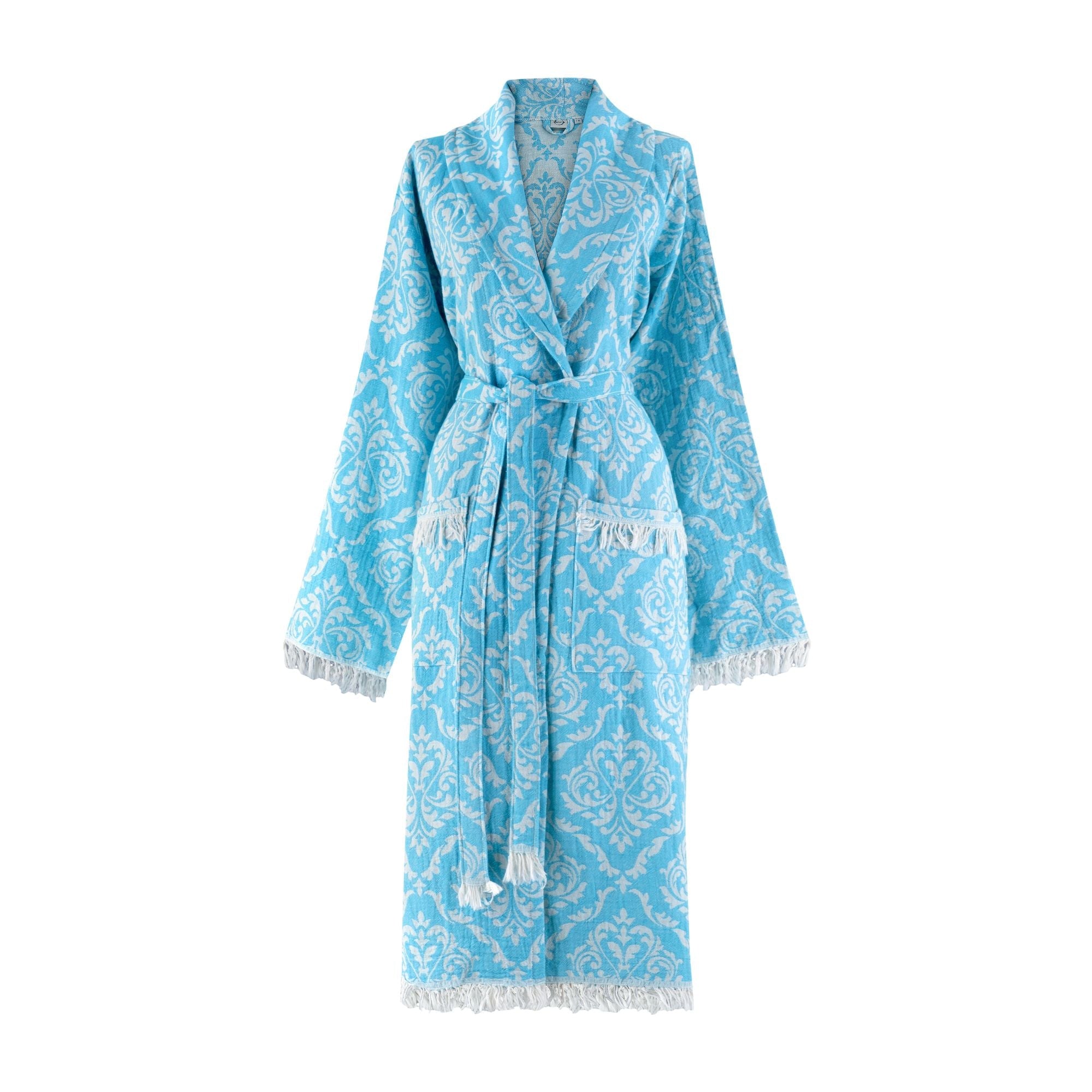 Blue patterned Turkish bathrobe with tassels.