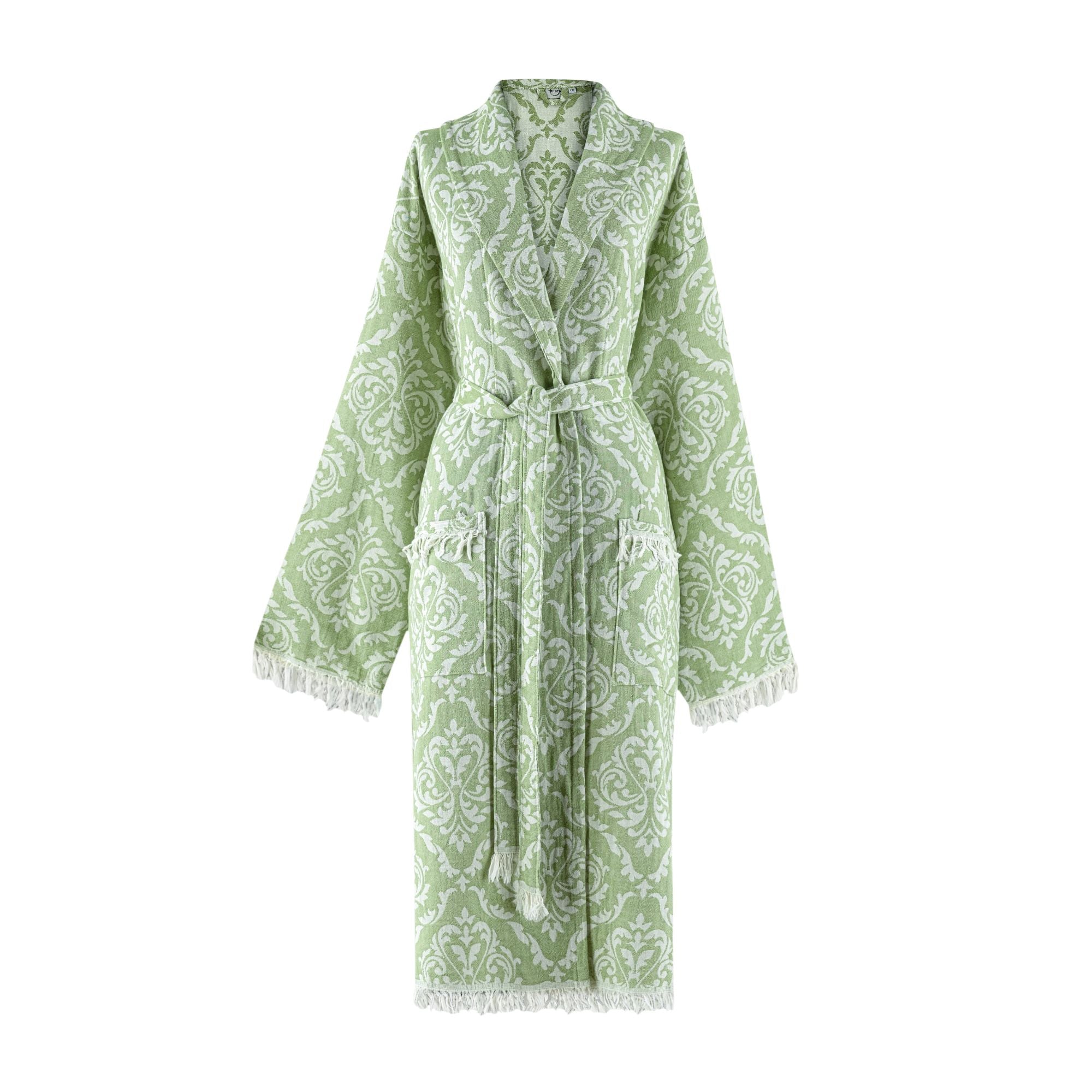 Green baroque patterned bathrobe with tassels.