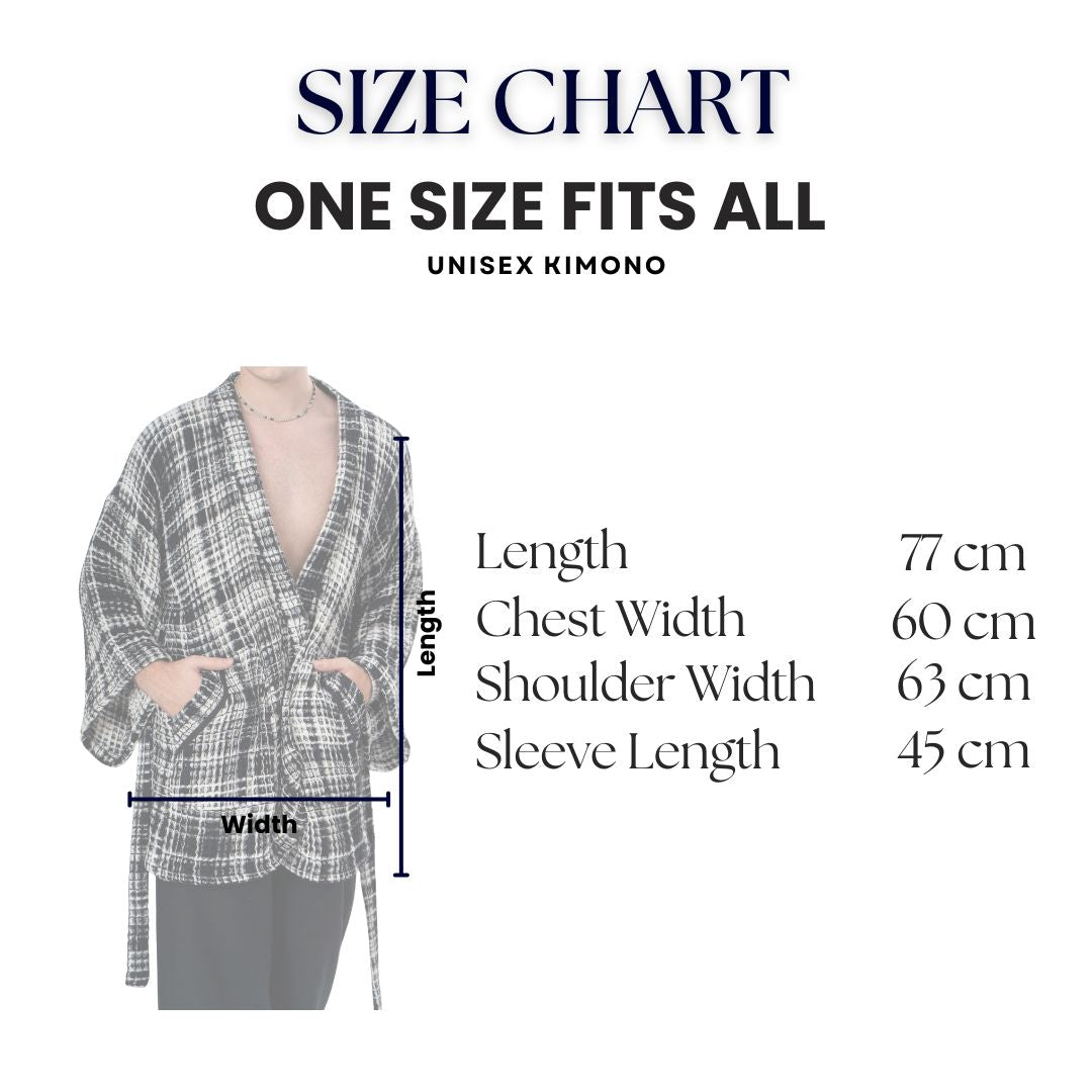 Size chart for a unisex kimono with measurements on a white background