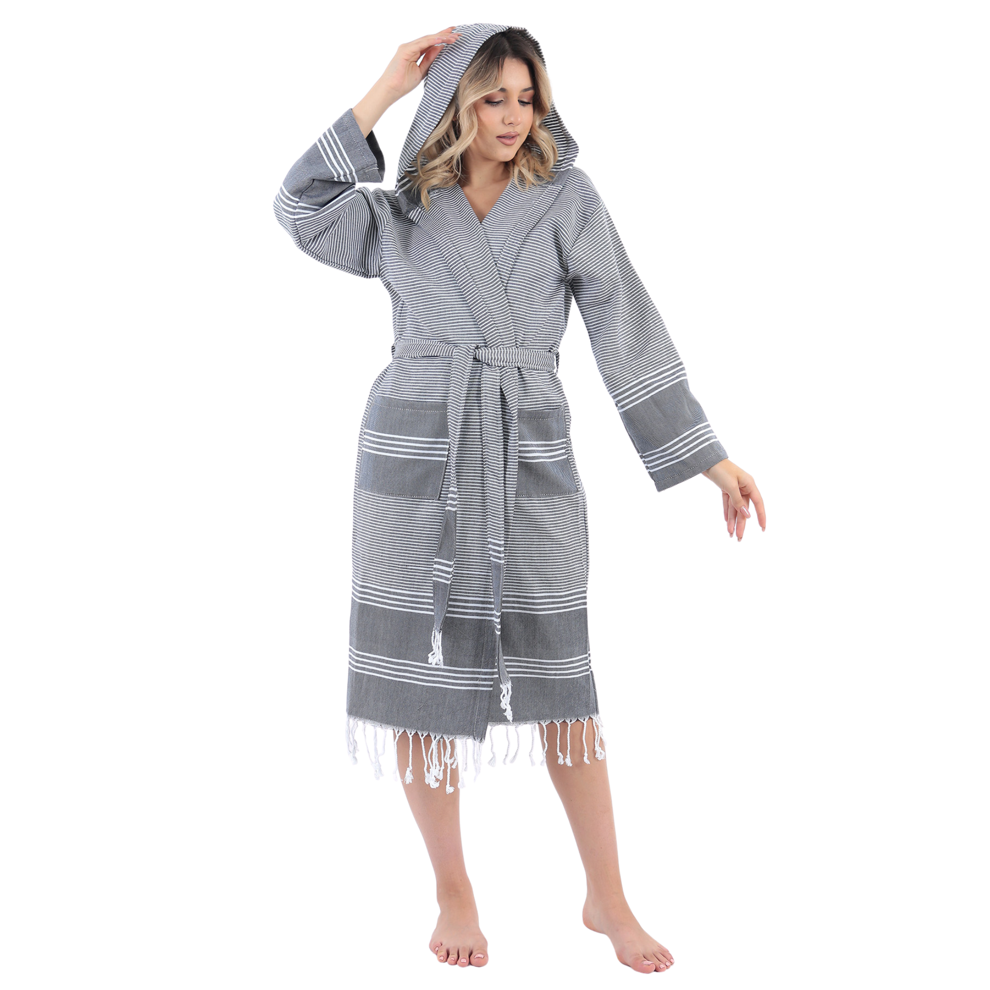 Black and white striped hooded bathrobe with tassels.
