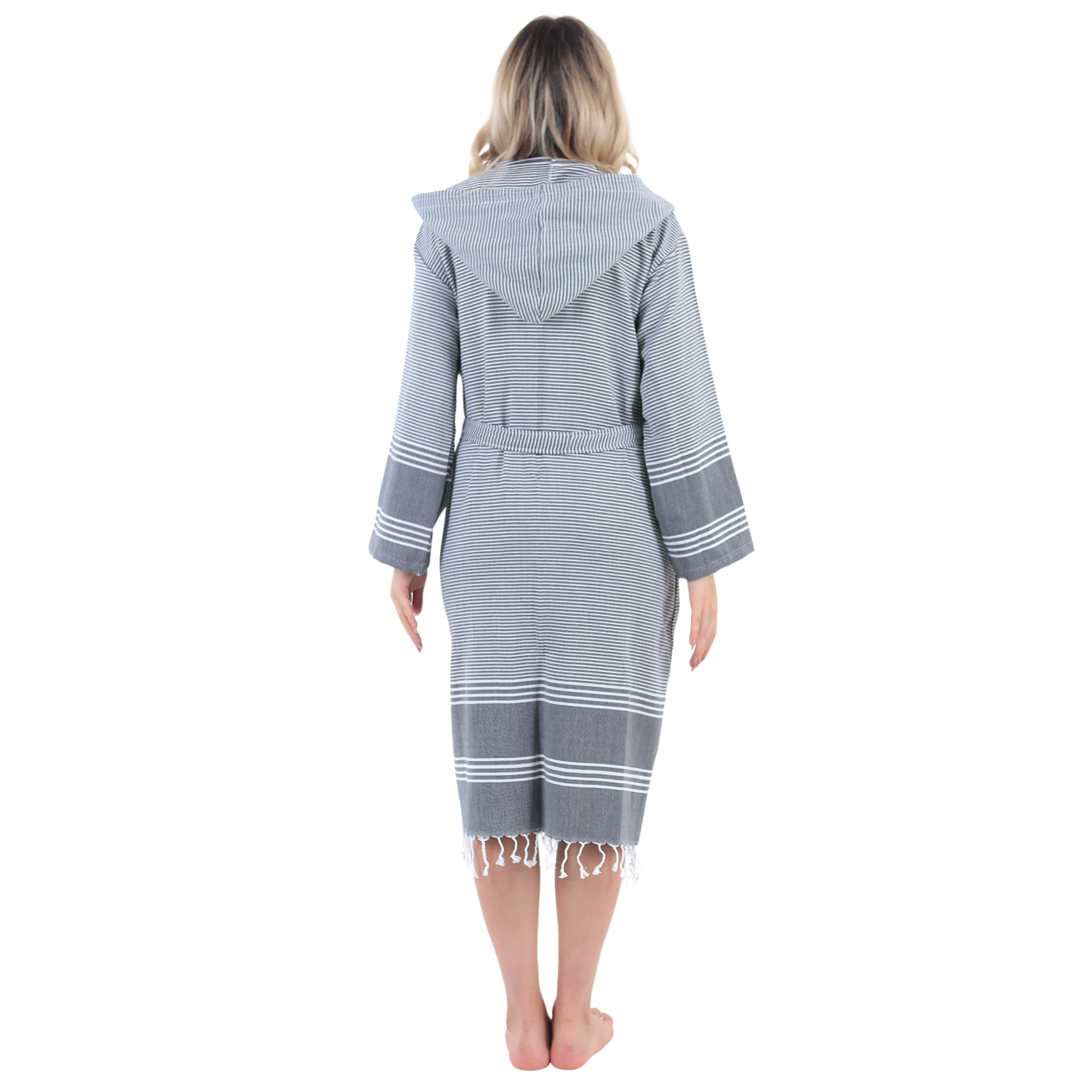 Modern black and white striped hooded robe with handcrafted fringes.