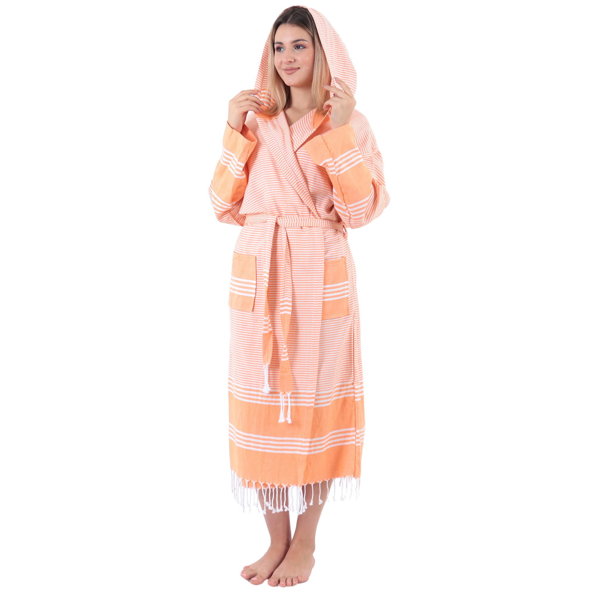 Orange and white striped hooded bathrobe with decorative tassels and pockets.