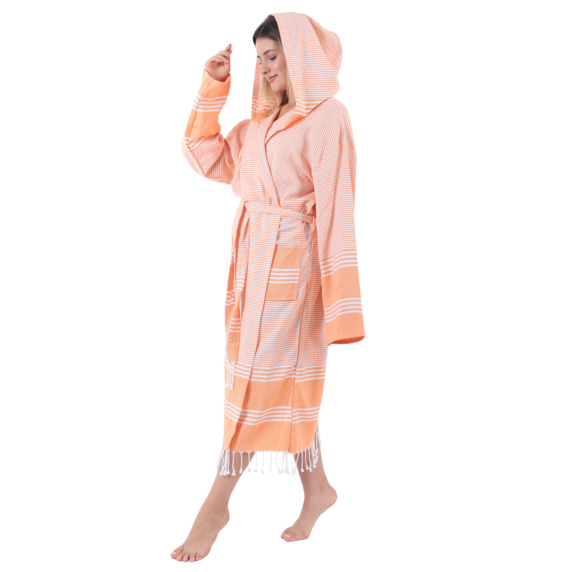 Premium Turkish cotton orange striped bathrobe with hood.