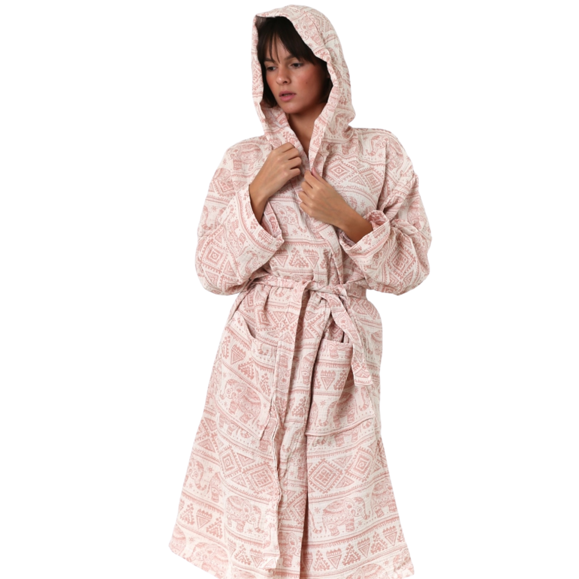 Light pink muslin hooded bathrobe with white elephant and geometric patterns.