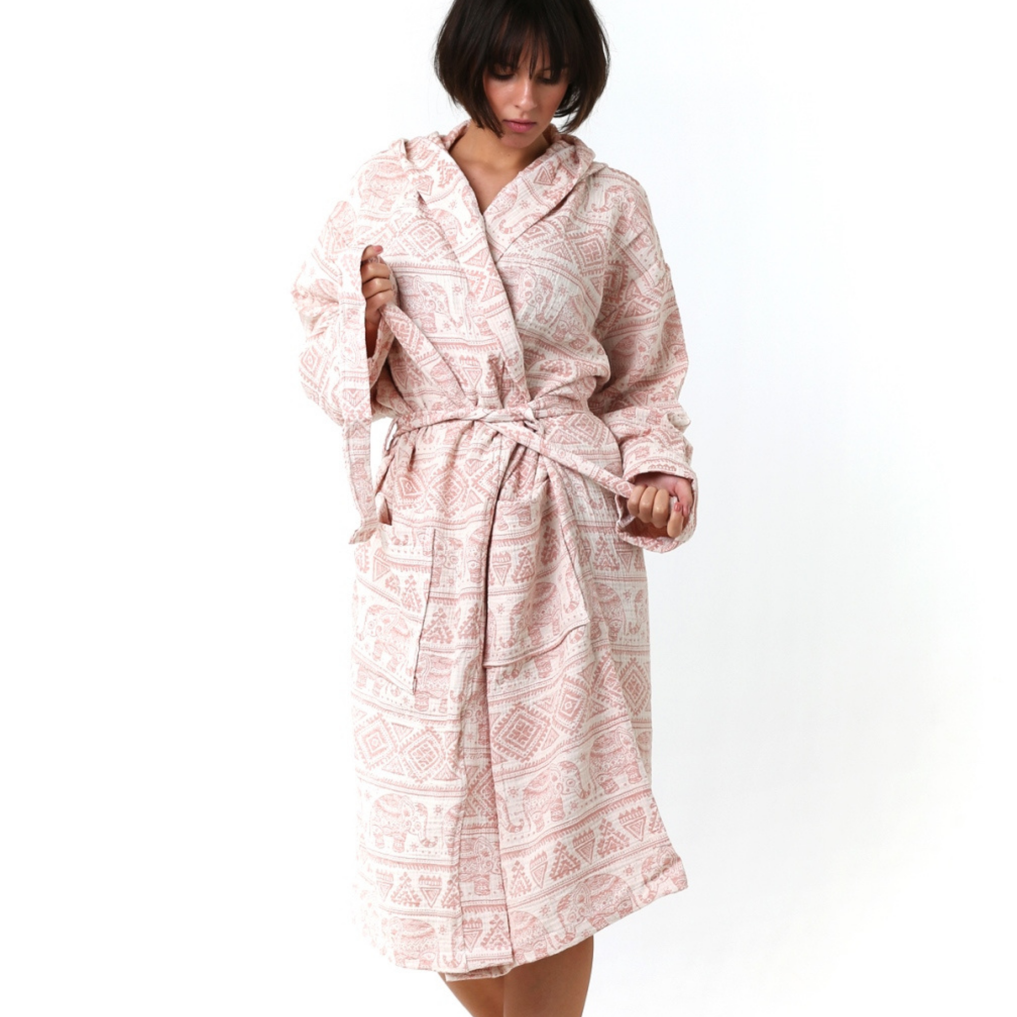 Premium 100% cotton muslin bathrobe in pink featuring traditional elephant motifs.