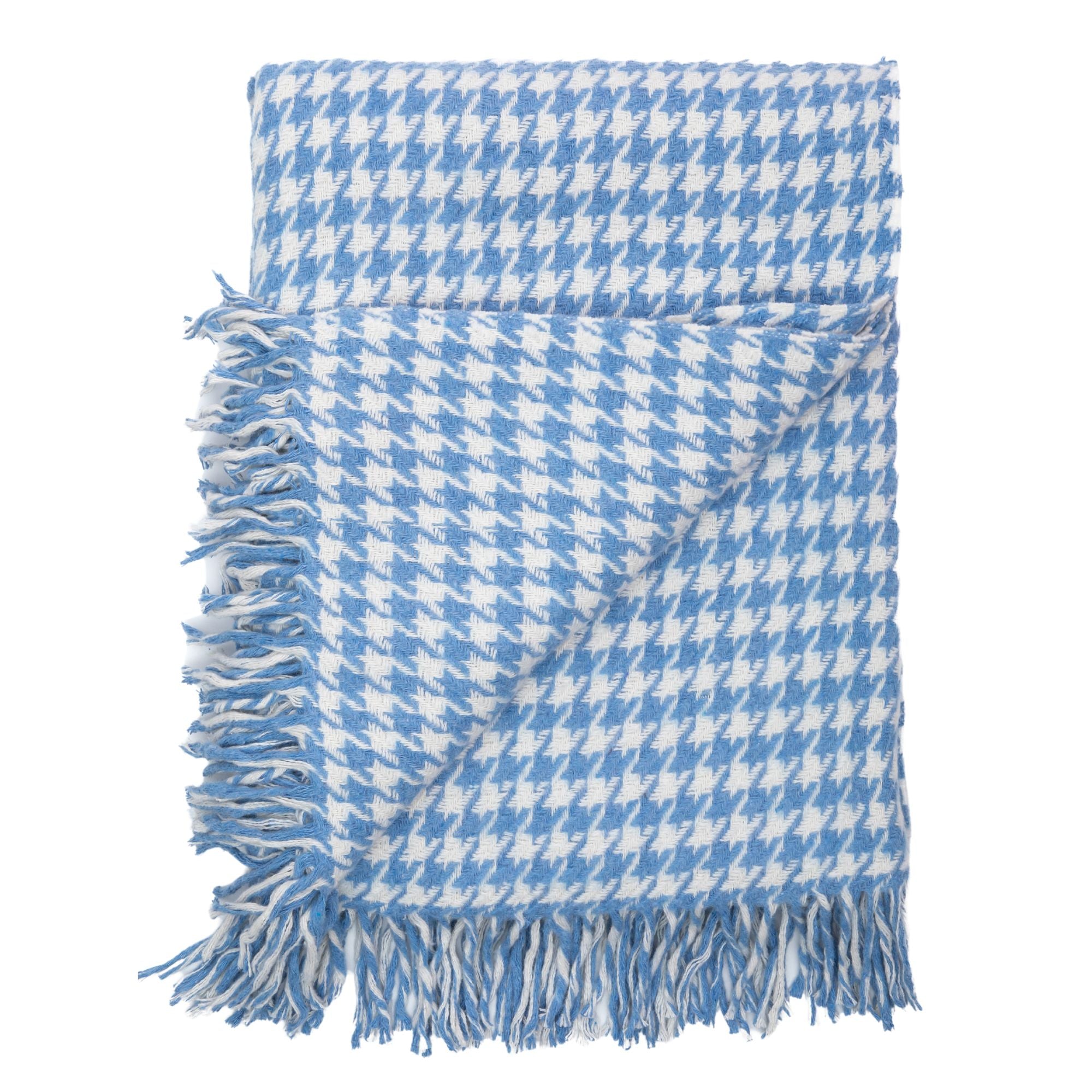 Trimita | Close-up view of the Blue Houndstooth Luxury Throw Blanket on a white background, highlighting the intricate weaving details and texture