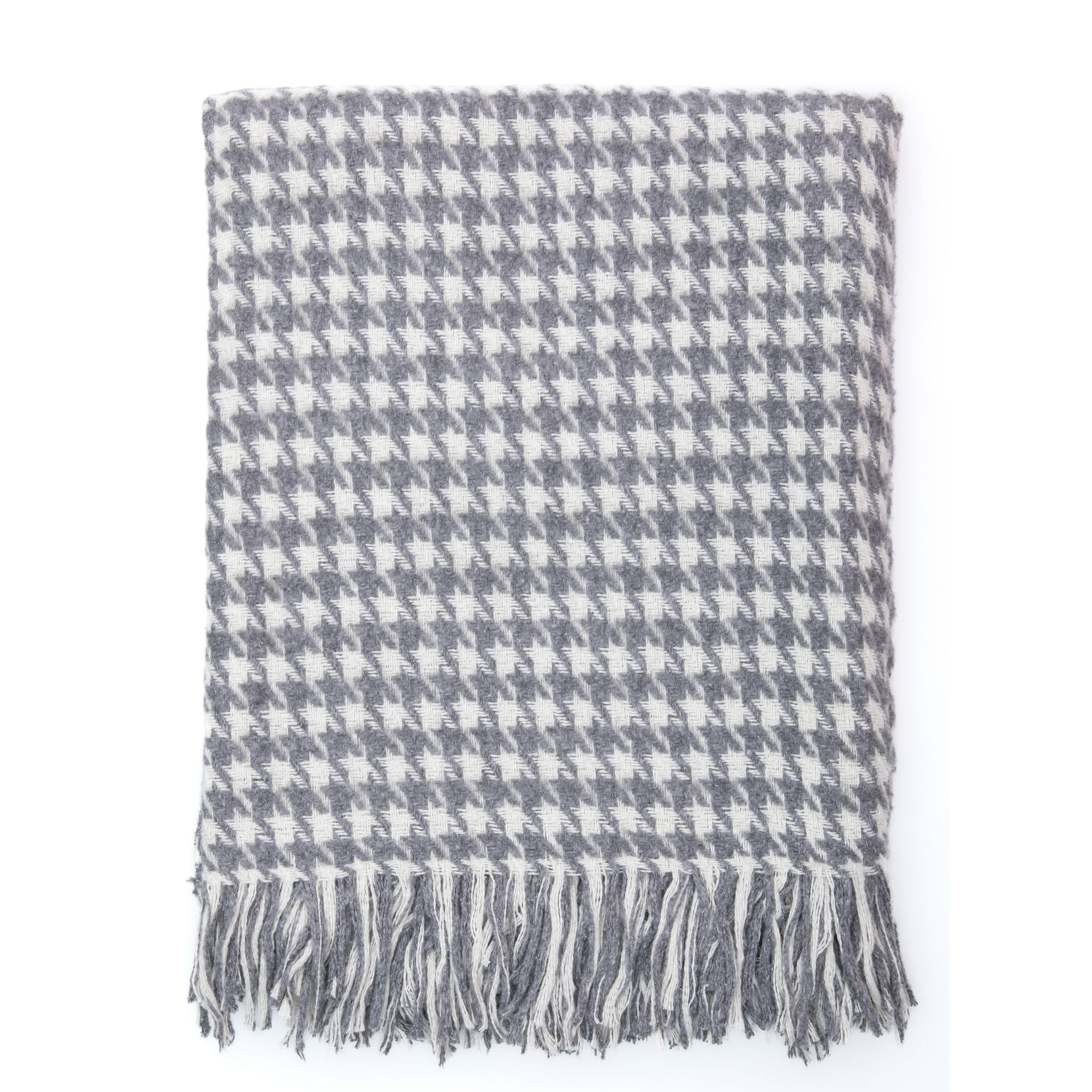 Trimita | Grey Houndstooth Luxury Throw Blanket displayed against a pure white background, emphasizing its traditional craftsmanship.