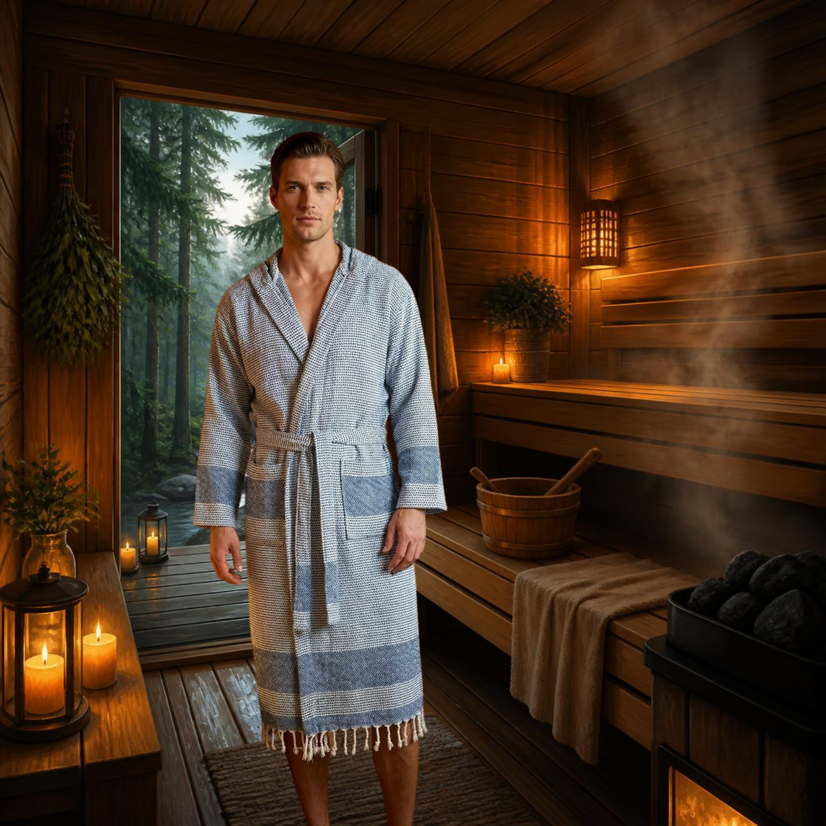 Man in een grijs-witte Spring badjas in een houten sauna, met ceintuur en franjes aan de zoom