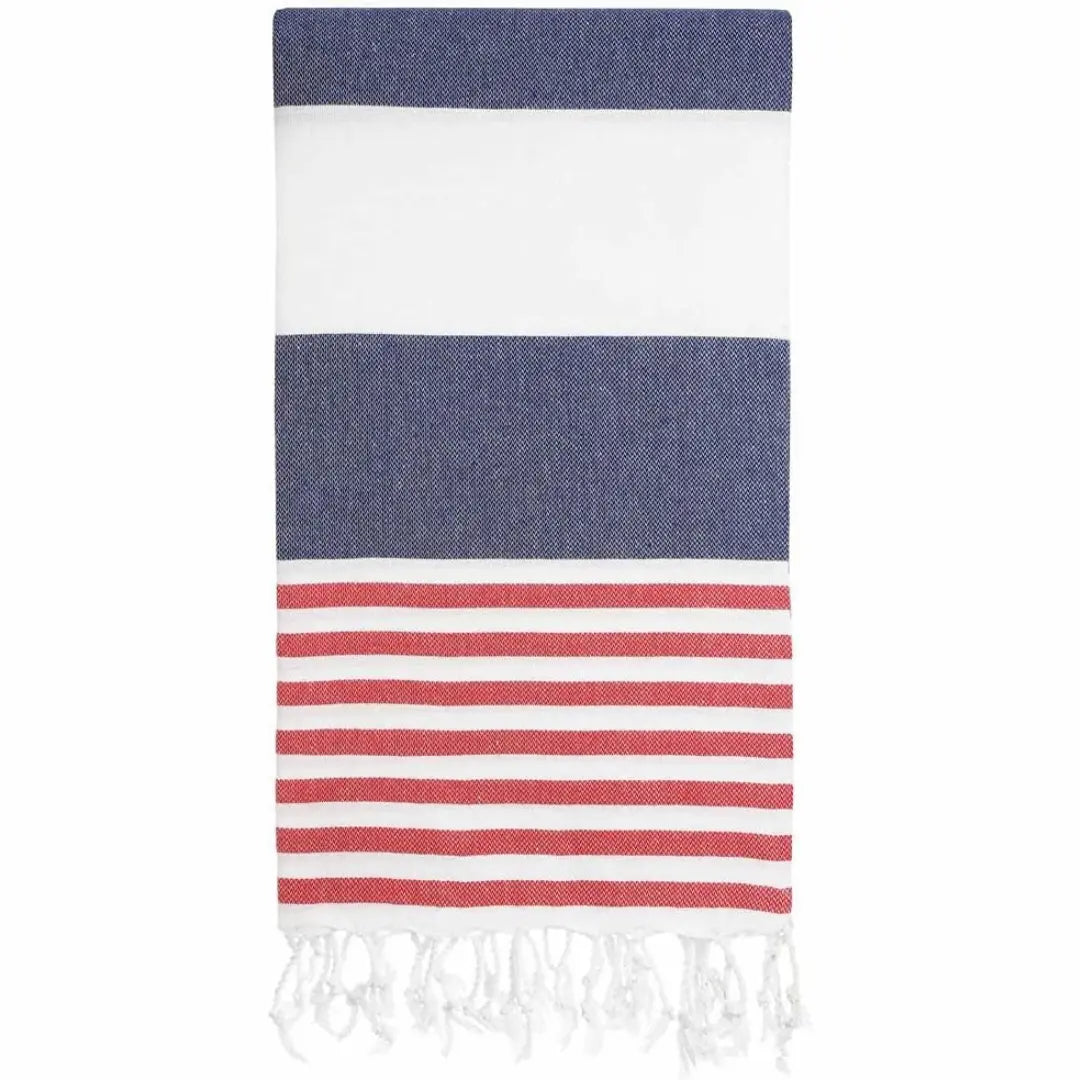 Striped towel with blue, white, and red colors on a white background