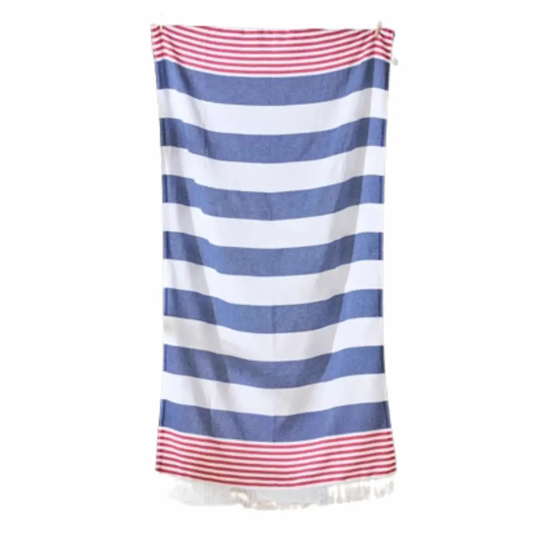 Trimita Blue Striped towel with red striped, white, and red pattern on a white background