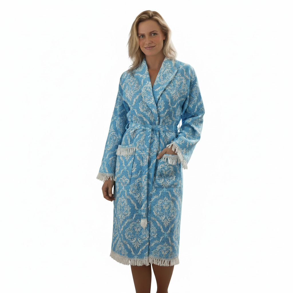 Woman wearing a Trimita Bathrobe blue with white trim on a white background