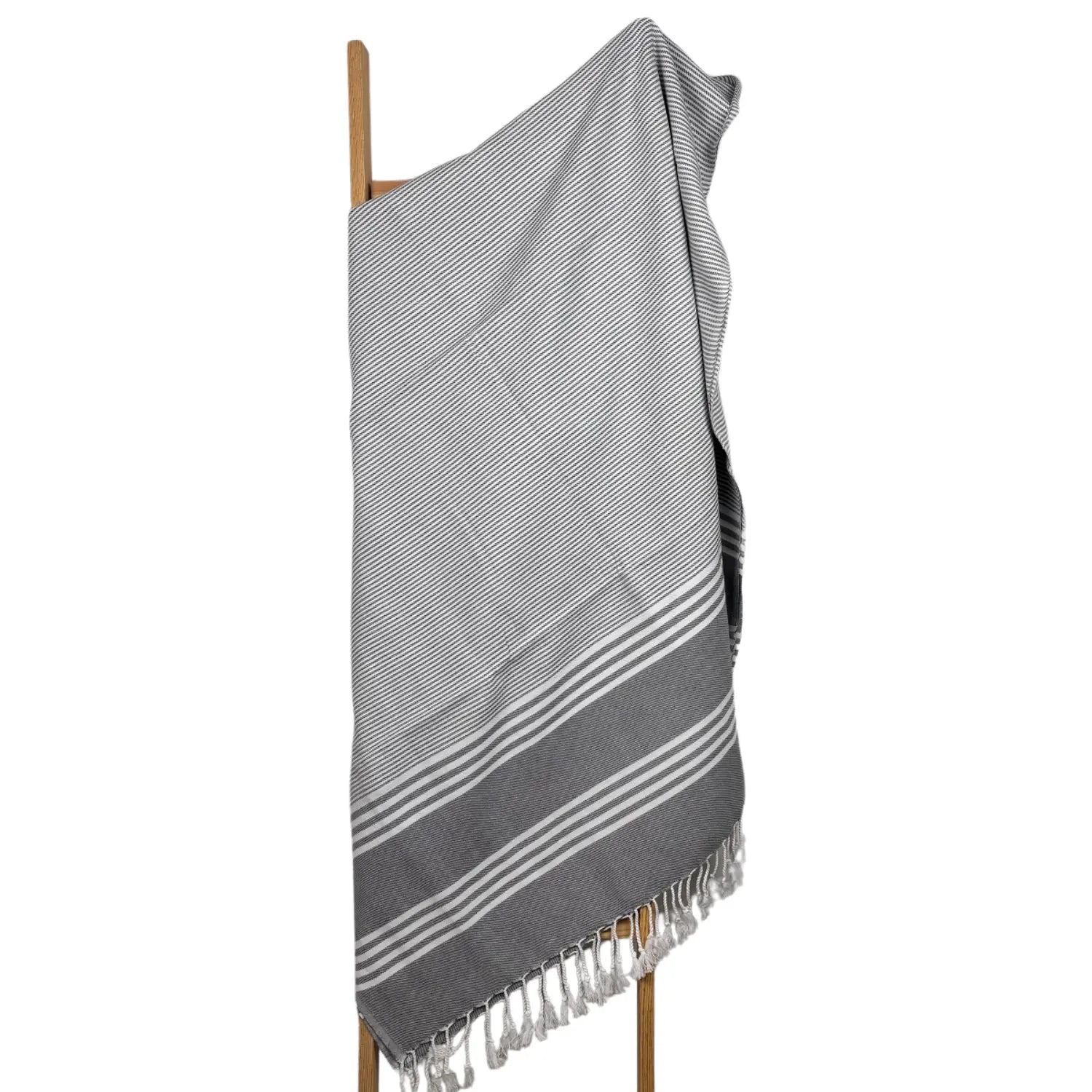 Elegant black and white striped Turkish towel, perfect for modern bathroom styling.