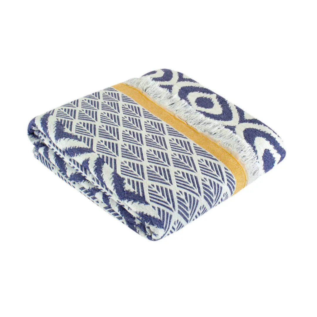 Folded blue and ochre yellow striped Turkish cotton throw blanket, fair trade handwoven decorative plaid for modern and bohemian living rooms.