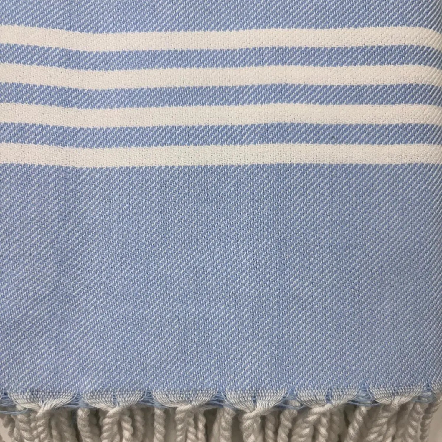 High-quality cotton weave detail of a blue striped Turkish bath towel.