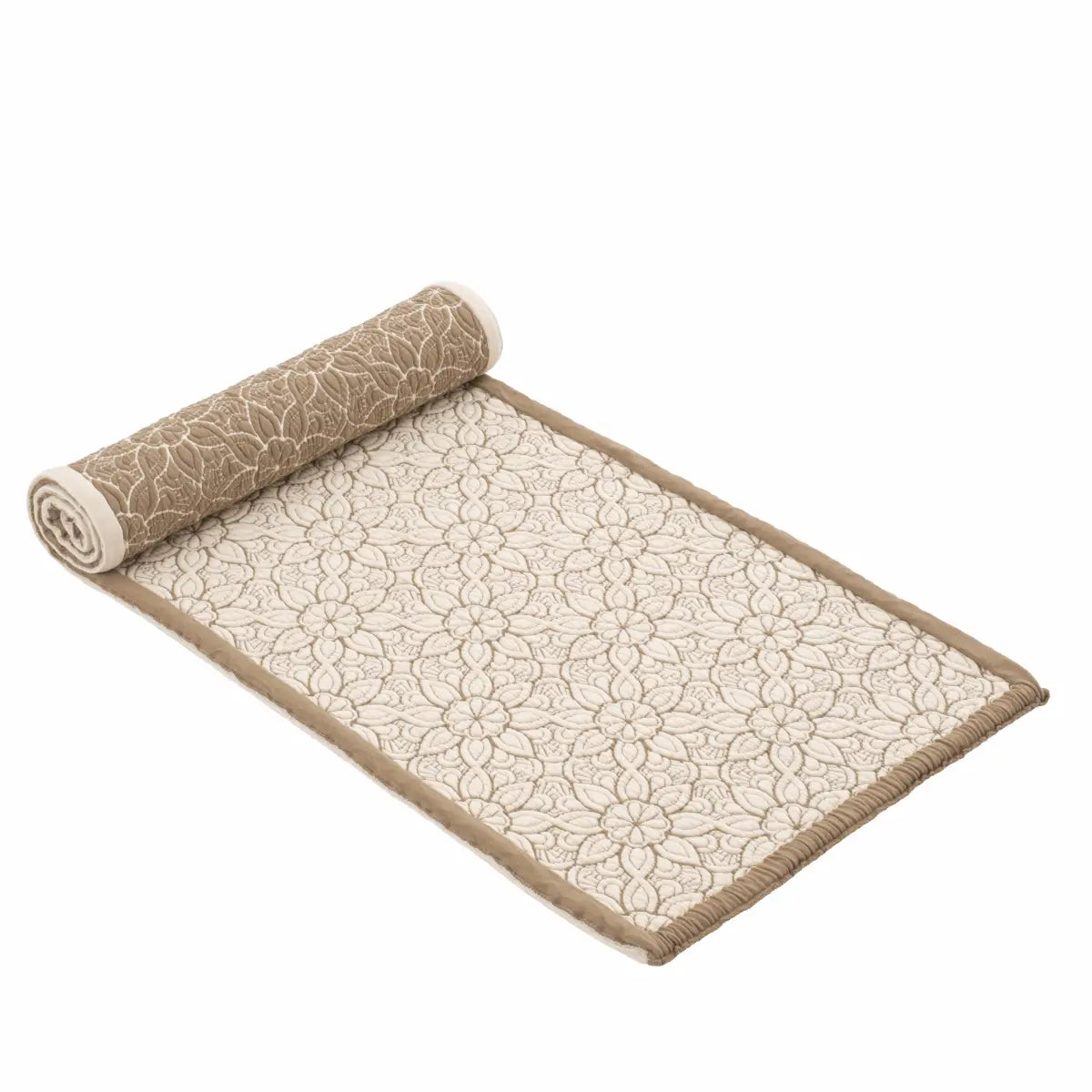 A premium Lotus patterned yoga mat, partially rolled, made from OCS certified cotton mix in a soft beige color. High-quality textured surface for yoga and pilates.