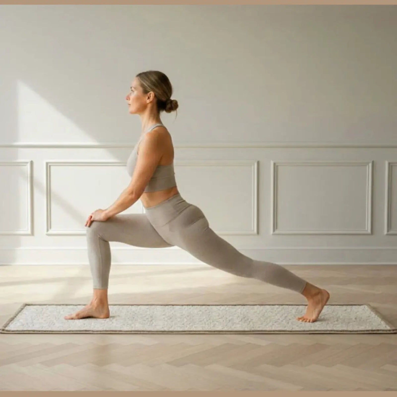 Woman practicing yoga in a serene room with sunlight streaming in