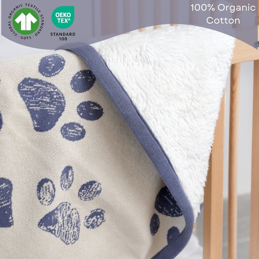 Organic Cotton Baby Blanket: Soft, breathable, with paw print design. Versatile for swaddling, stroller, crib, carrier, or as a pet blanket.