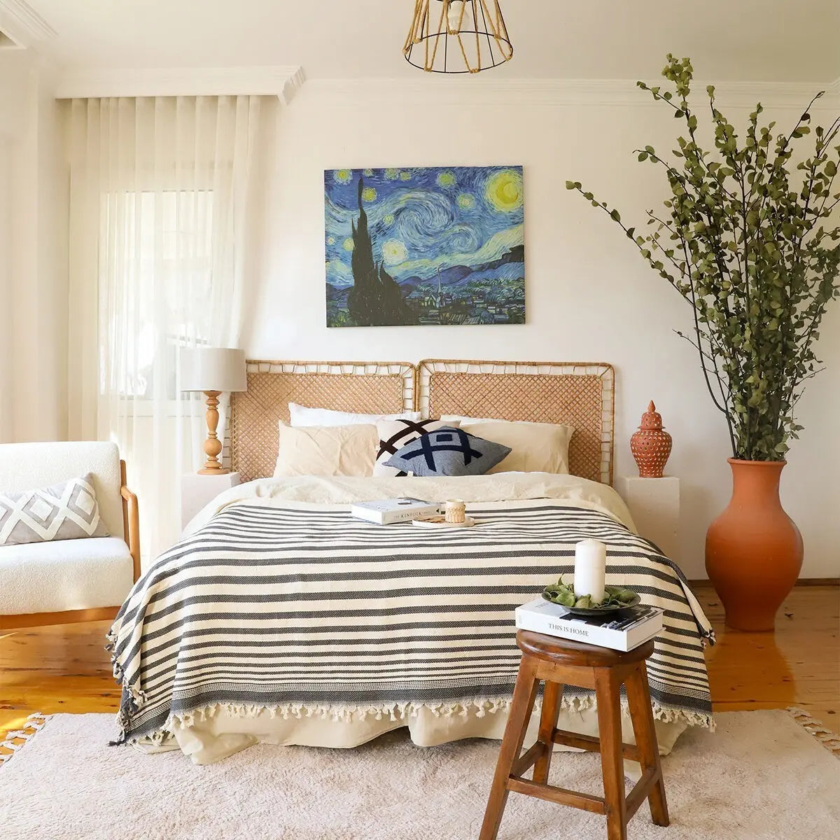 Trimita Sevda Bedspread in black and white stripes, Turkish cotton styled on a bed