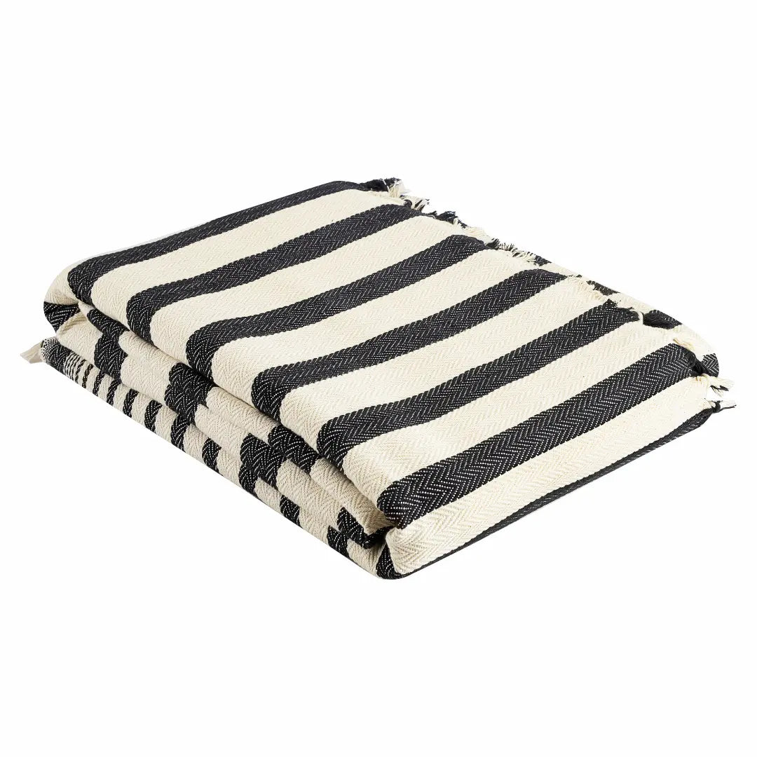 Trimita Sevda Bedspread striped black and white, folded, Turkish cotton on white background