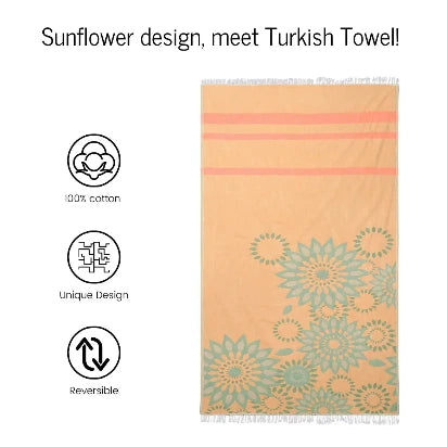 Trimita 100% cotton reversible sunflower pattern Turkish beach towel in orange and green.