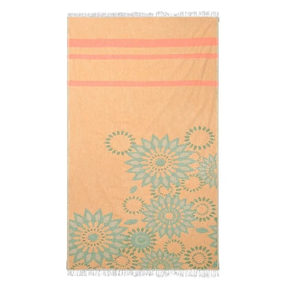 Full-size view of 95x185 cm Trimita 100% cotton sunflower design orange and green Turkish beach towel.