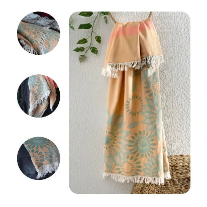 Product collage of Trimita sunflower patterned orange towel showing hanging view and detailed angles.