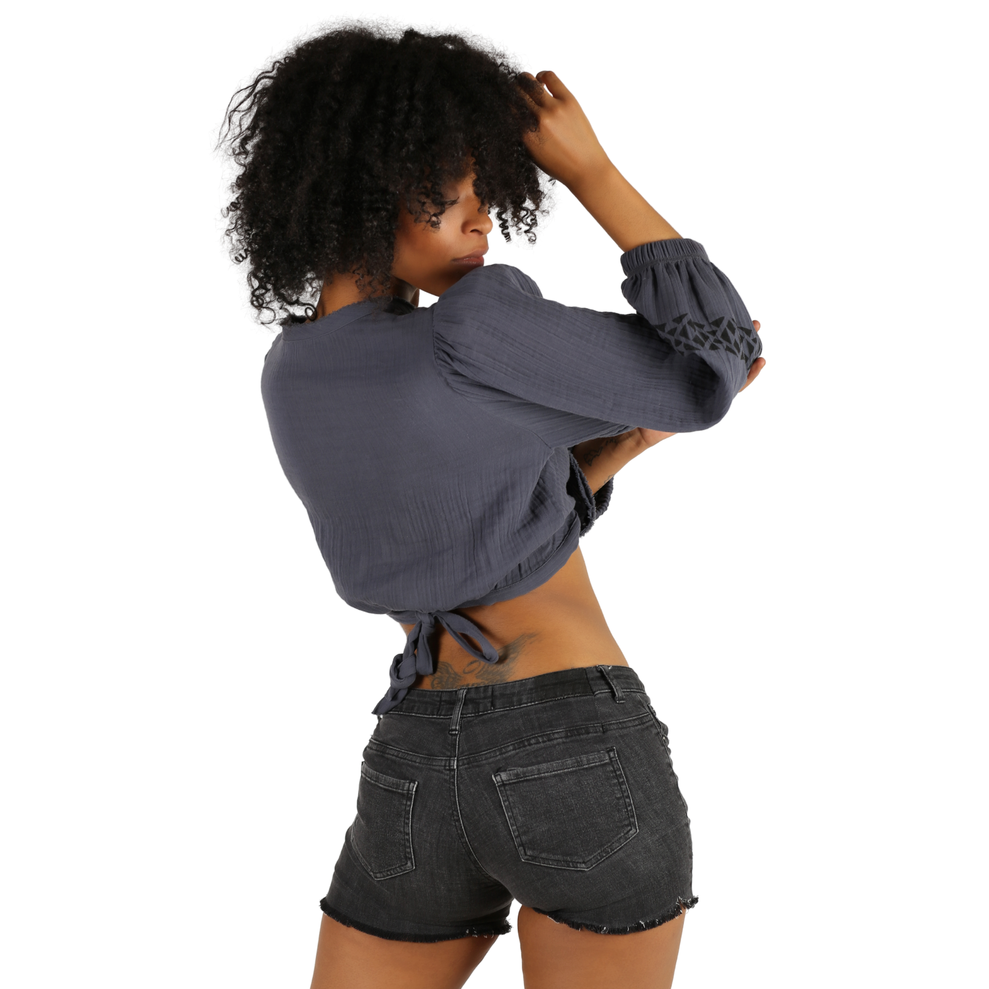 Black Women Cotton Top, long sleeve, wrap tie back crop top blouse