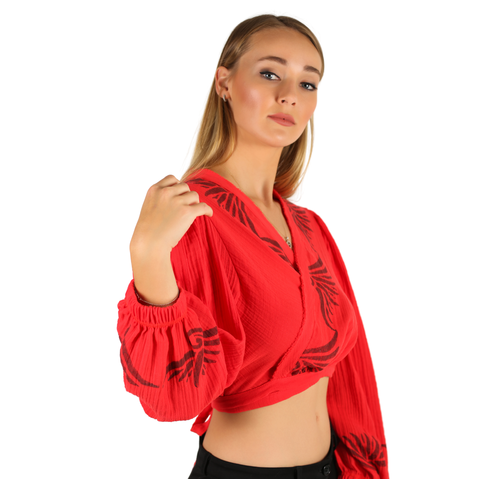 Red Women Cotton Top, long sleeve, wrap tie back crop top blouse