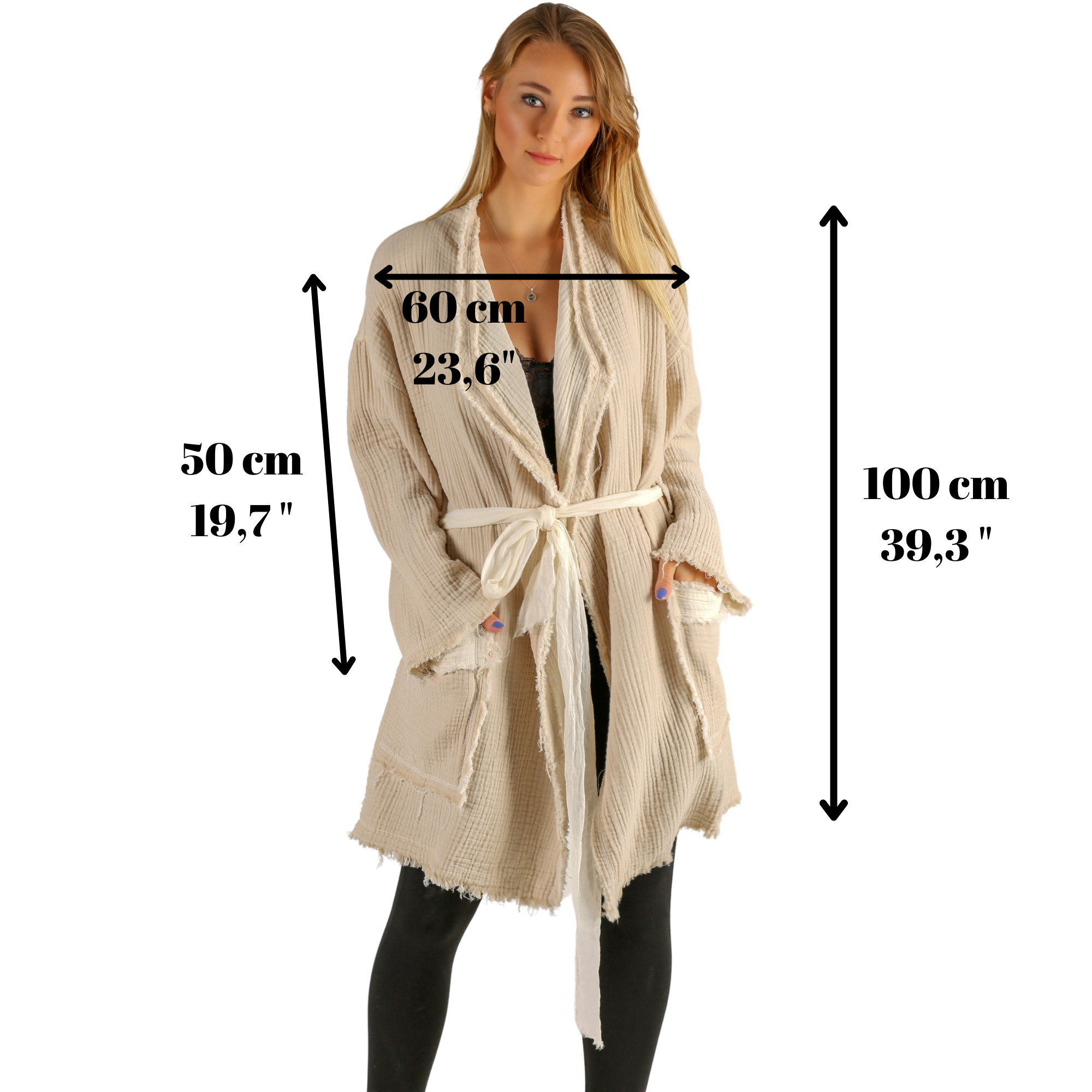 A girl wears natural color muslin jacket, open front, long sleeves,