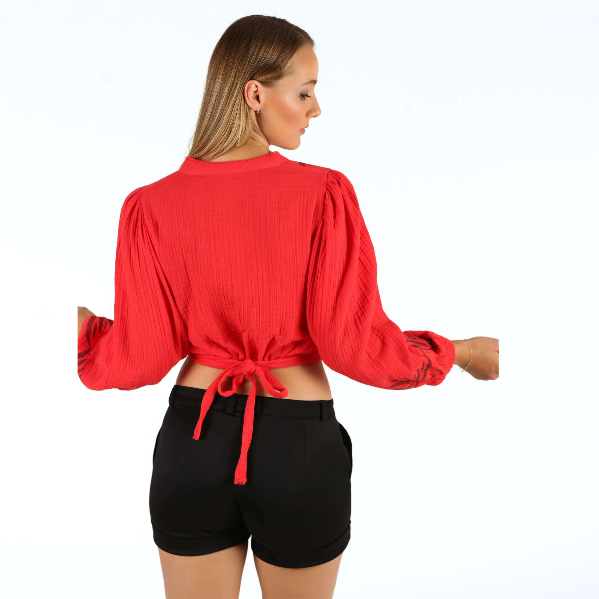 Red Women Cotton Top, long sleeve, wrap tie back crop top blouse