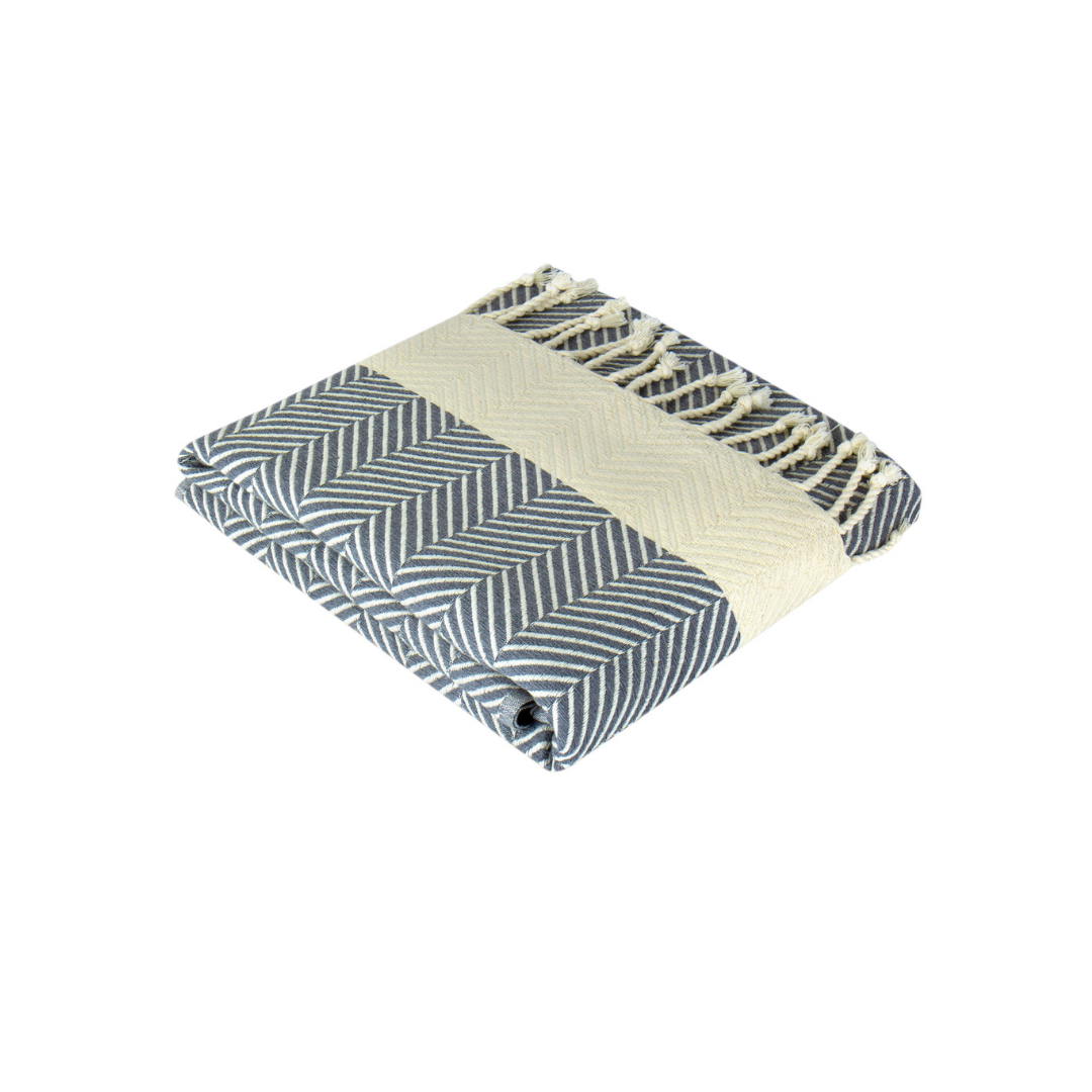 Image of the Hiera Extra Long Turkish Hammam towel. The towel displays a rich color and a distinctive herringbone pattern, hinting at its versatility as a beach or bathroom towel, pool cover, sofa cover, couch throw, and shawl. Its luxurious, quick-drying Turkish Cotton material is subtly showcased.