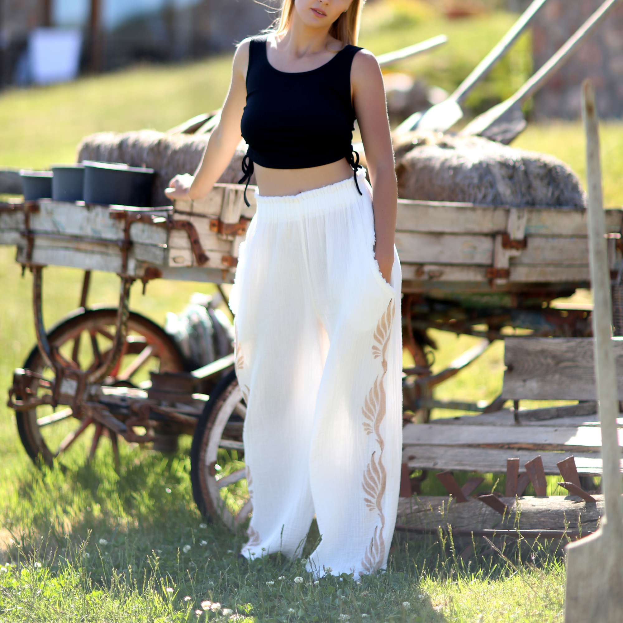 Women Mousseline Cotton Elastic Waist Pants