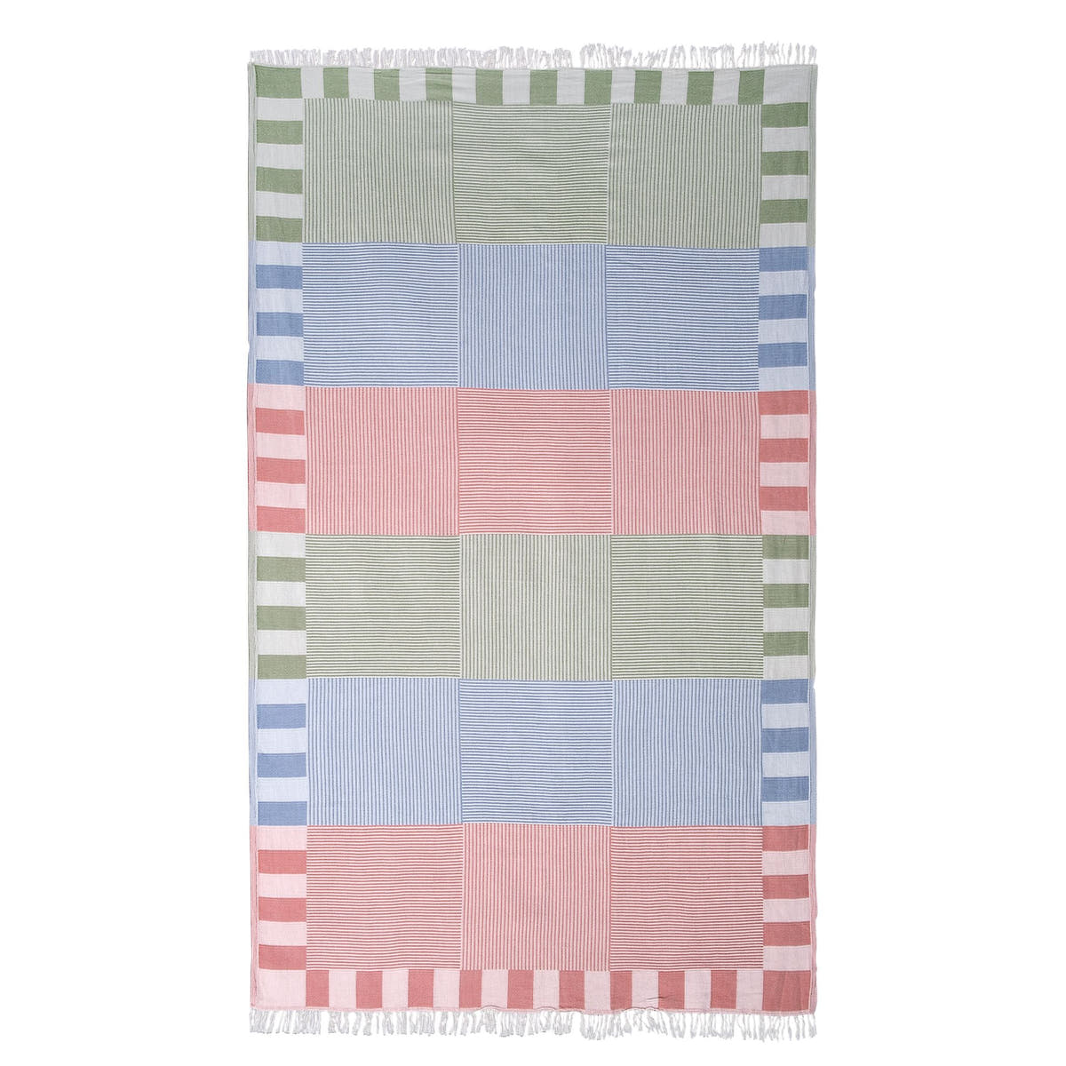 Trimita Patchwork hamamdoek, plat neergelegd met groene, blauwe en terracotta vlakken en franjes