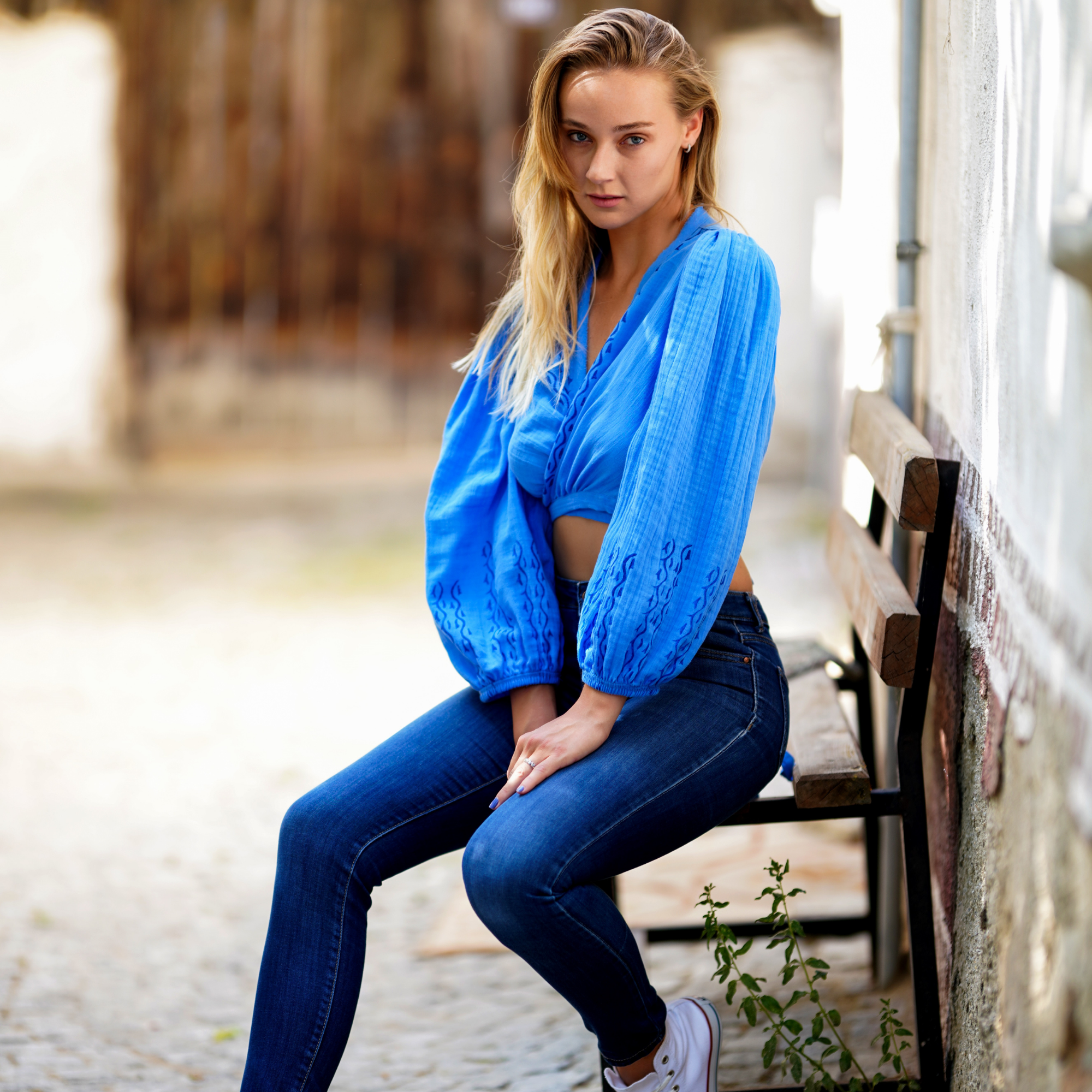 Blue Women Cotton Top, long sleeve, wrap tie back crop top blouse