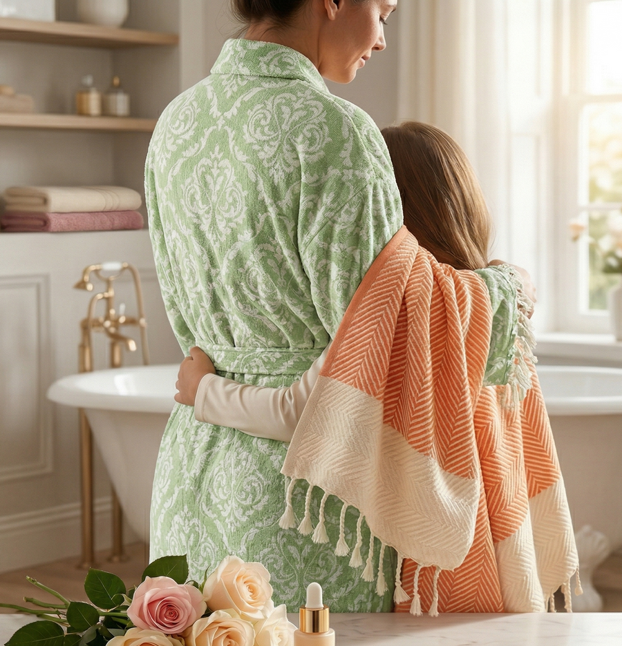 Femme en peignoir à motifs verts et blancs serrant un enfant dans ses bras, avec une serviette orange et crème à franges.