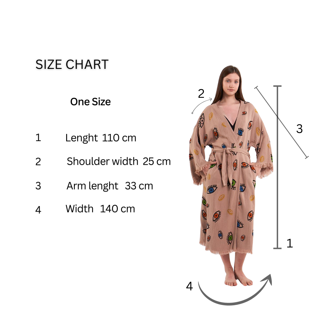 Size chart for the beige kimono robe, with dimensions for length, shoulder width, arm length, and width, displayed alongside the model wearing the robe.