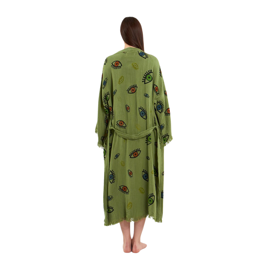 Back view of the Evil Eye Muslin Bathrobe, showcasing its elegant design.