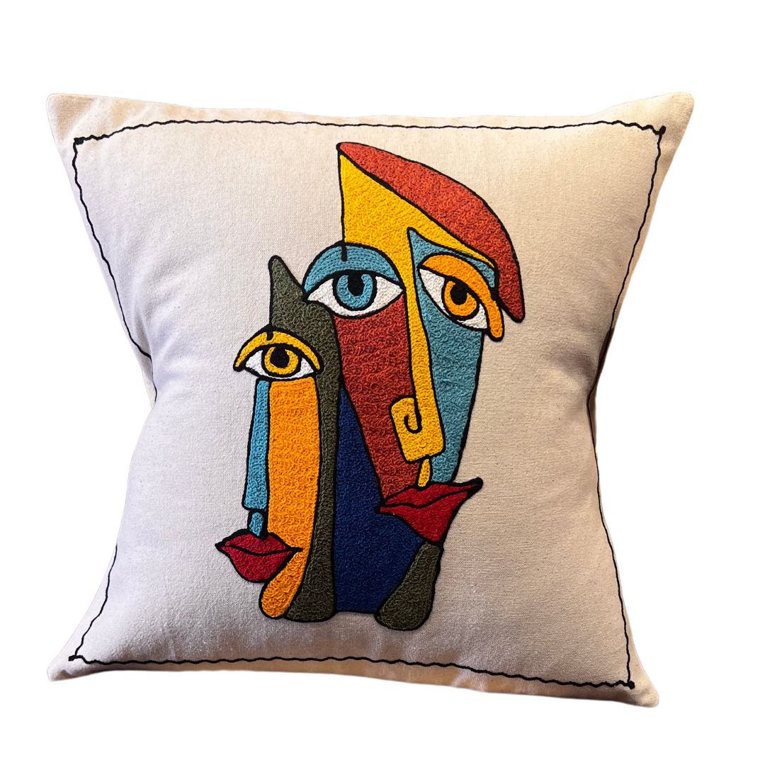 Artisan Faces Embroidered Pillow Covers with Fiber Filling – 100% Cotton