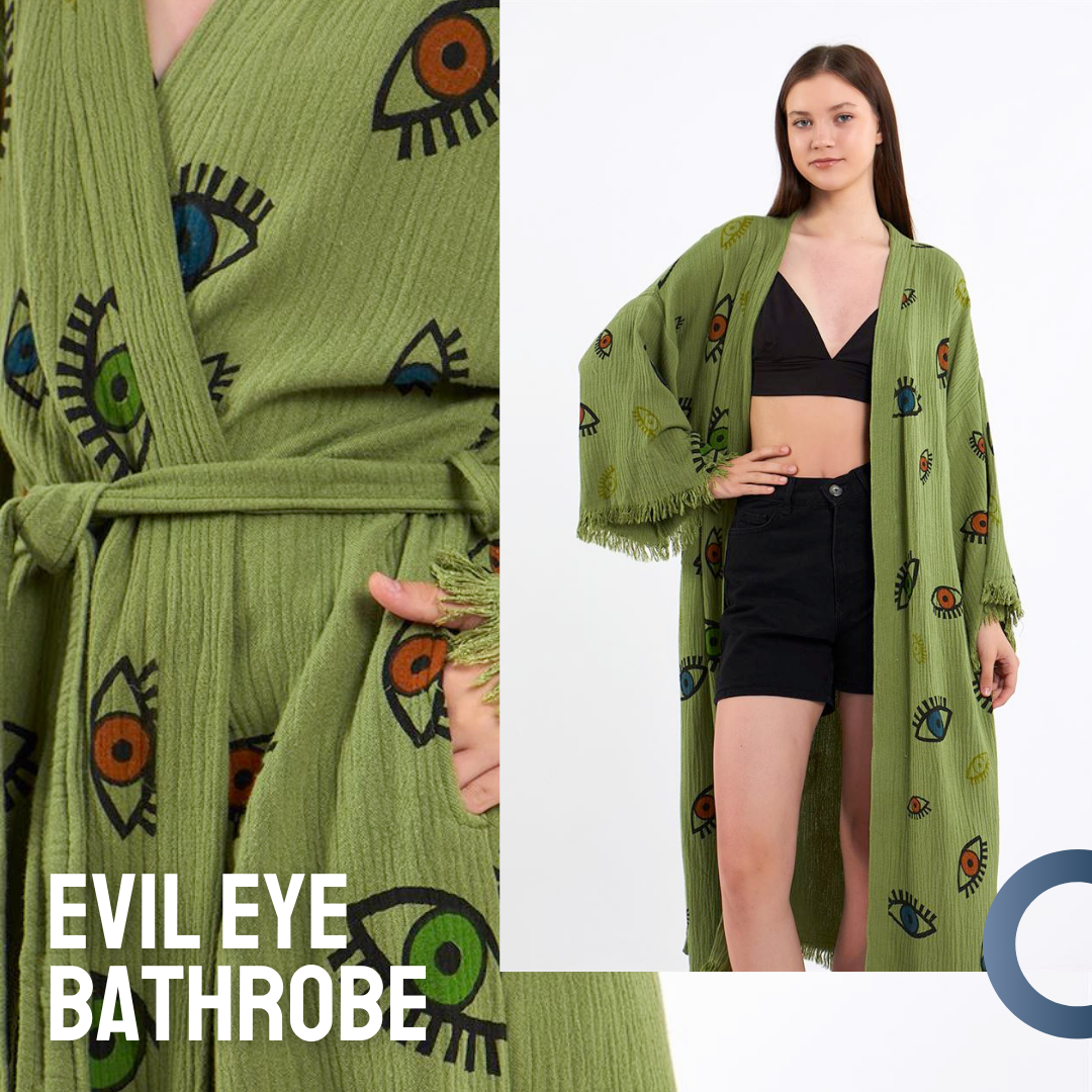 Evil Eye Muslin Bathrobe, highlighting the premium quality.