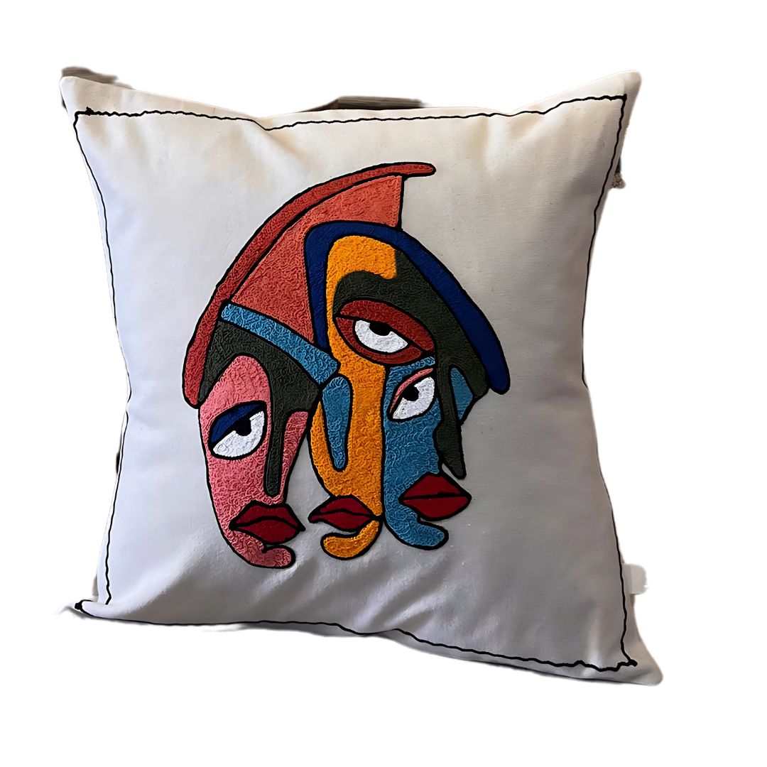 Artisan Faces Embroidered Pillow Covers with Fiber Filling – 100% Cotton