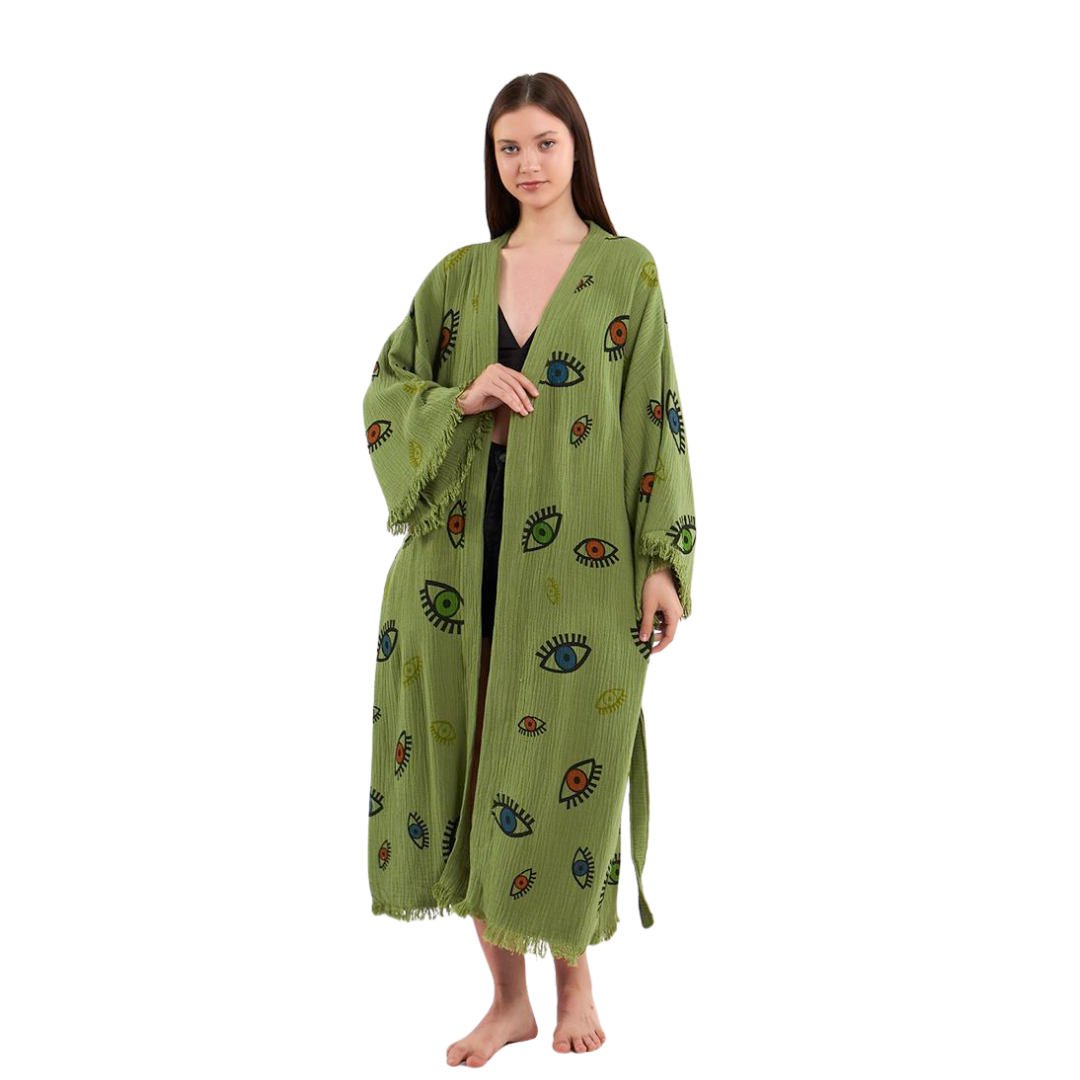 Front view of the Evil Eye Muslin Bathrobe showcasing its lightweight and luxurious design.