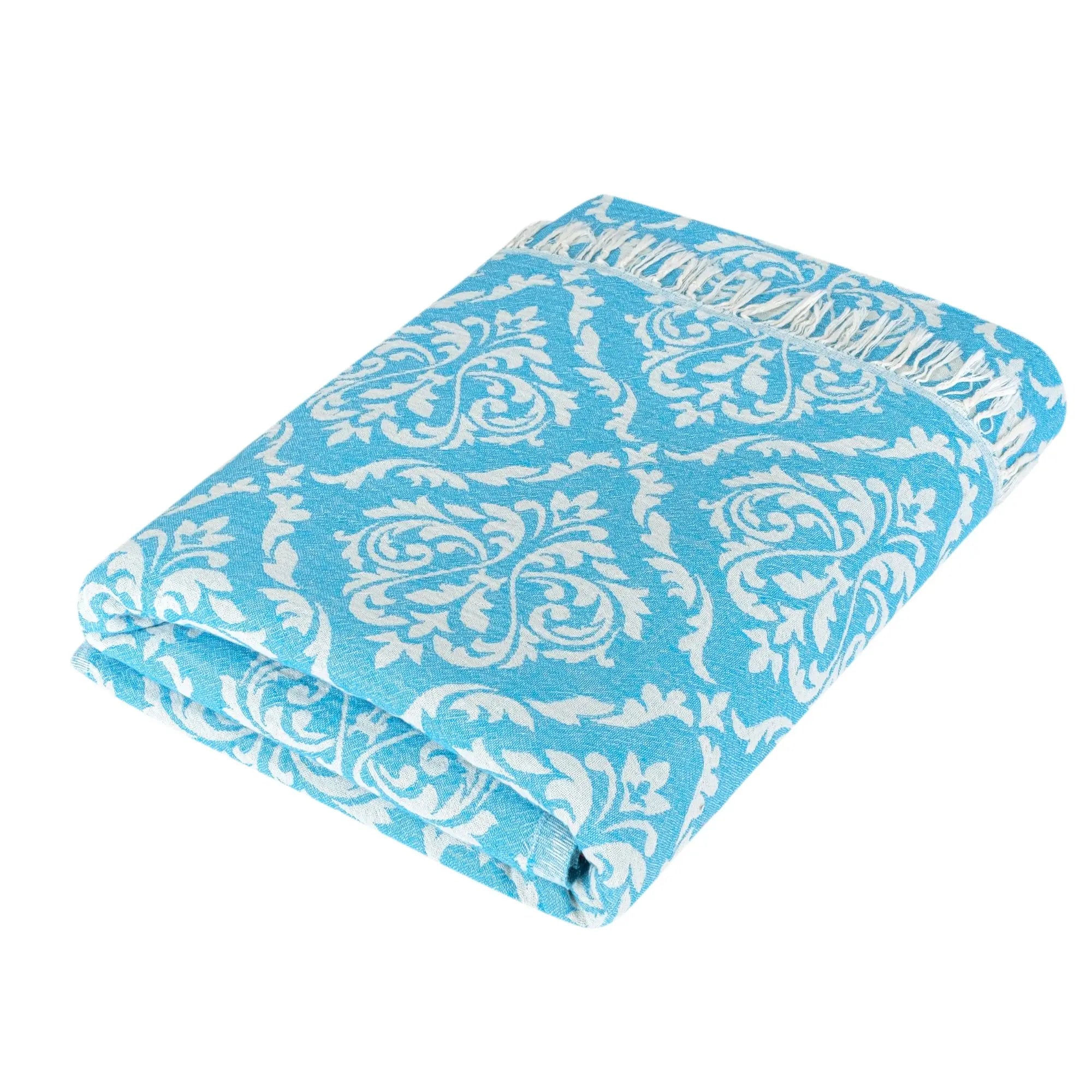Turquoise blue Barok pattern Turkish towel, 100x180cm soft cotton peshtemal with fringes, luxury damask design beach and pool towel.