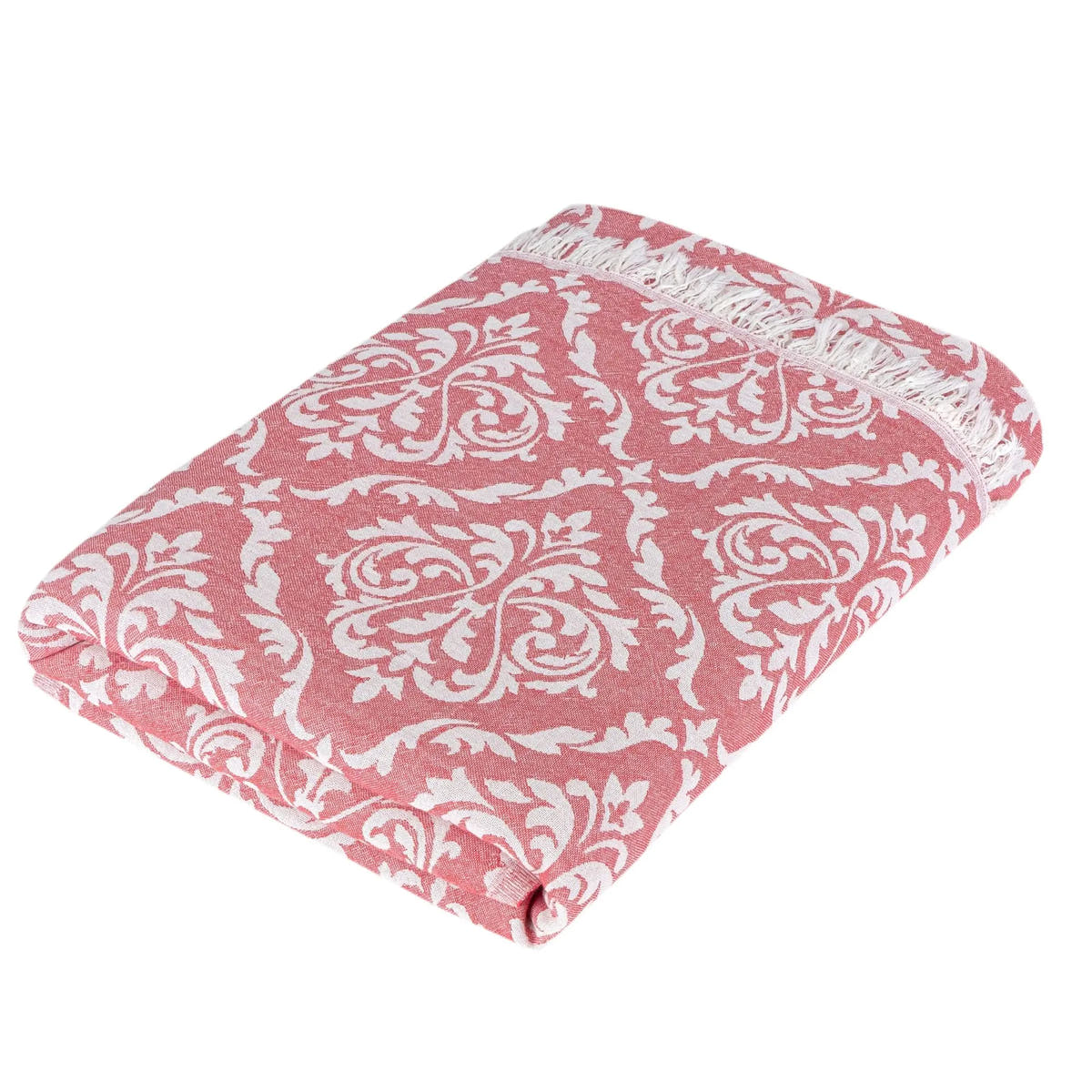 Trimita Barok hamamdoek, opgevouwen met een rood vlak en witte bloemmotieven