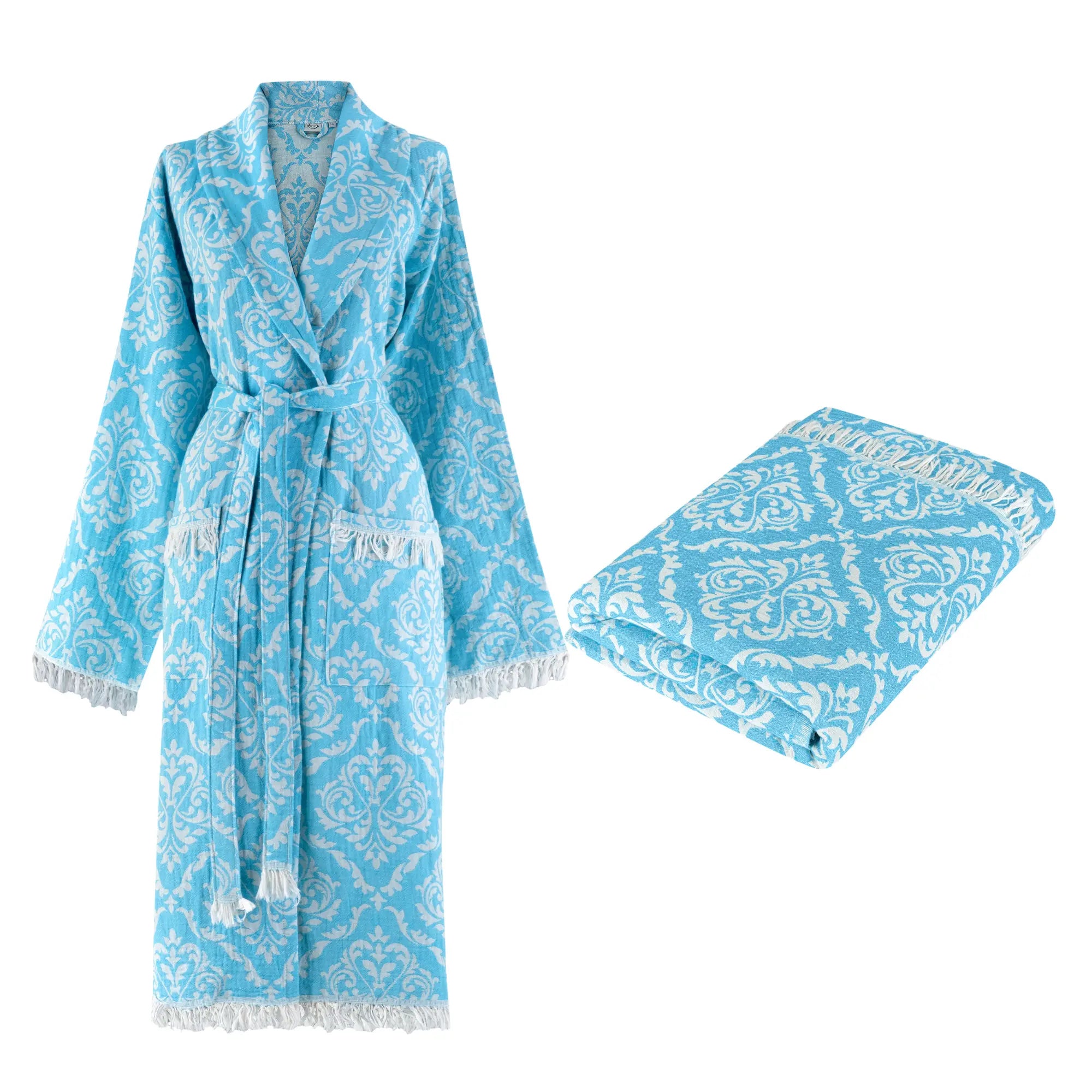 Blue Mediterranean style baroque pattern kimono bathrobe, lightweight and highly absorbent Turkish cotton.