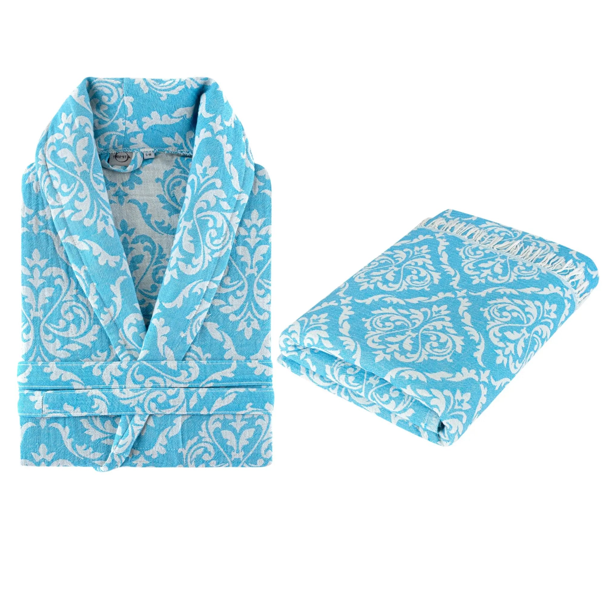 Blauwe Barok patroon Turkse handdoek, 100x180cm katoenen hamamdoek met franjes, luxe damast design strandlaken en badhanddoek.